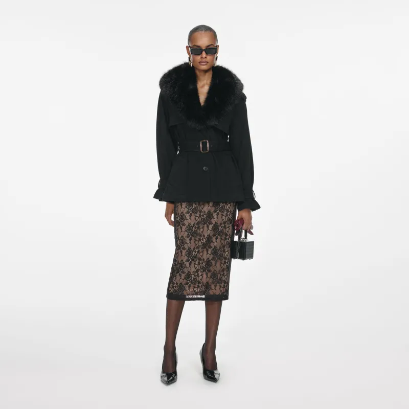 Black Denim Fur Collar Jacket made by Self-Portrait