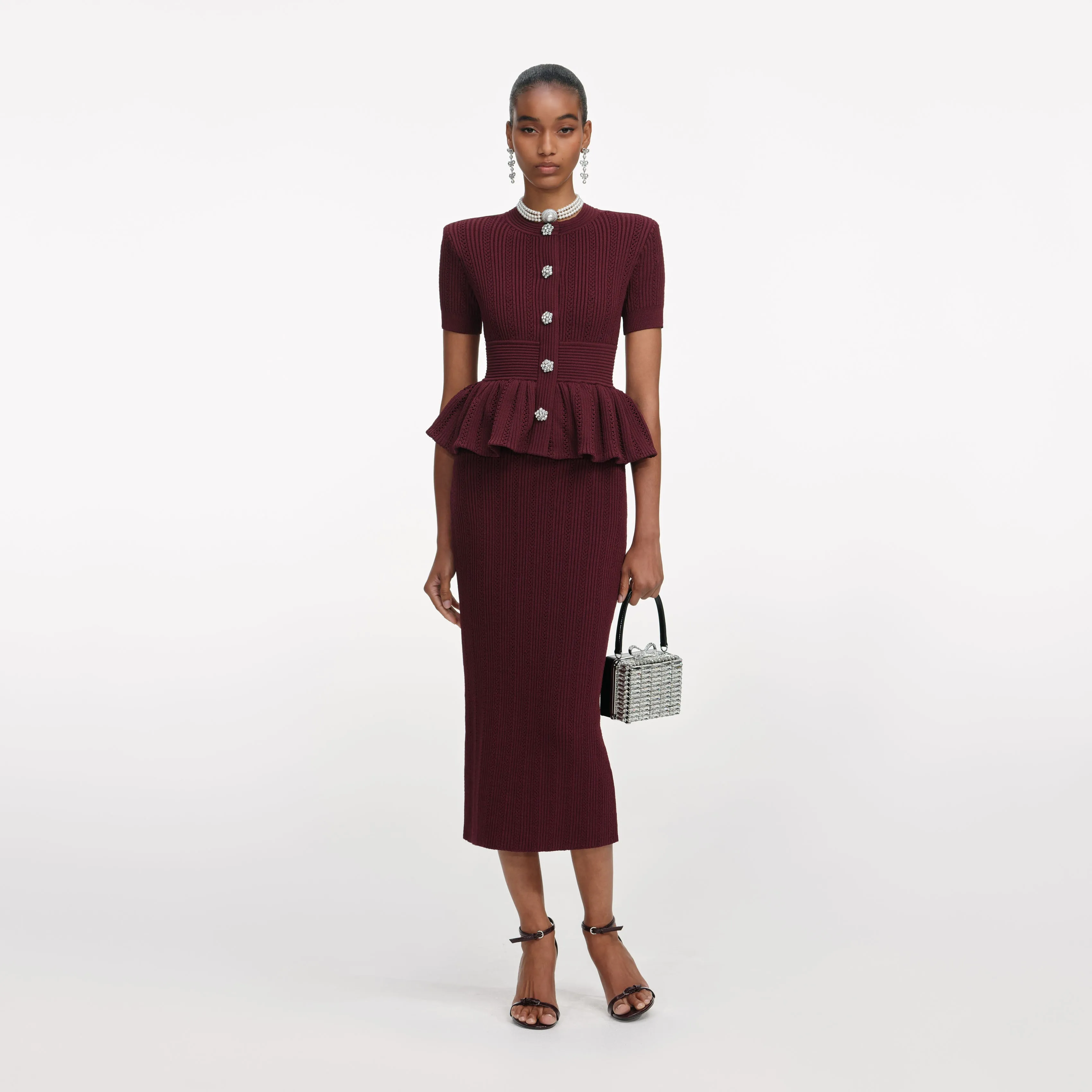 Burgundy Pointelle Knit Midi Dress sold by Self-Portrait