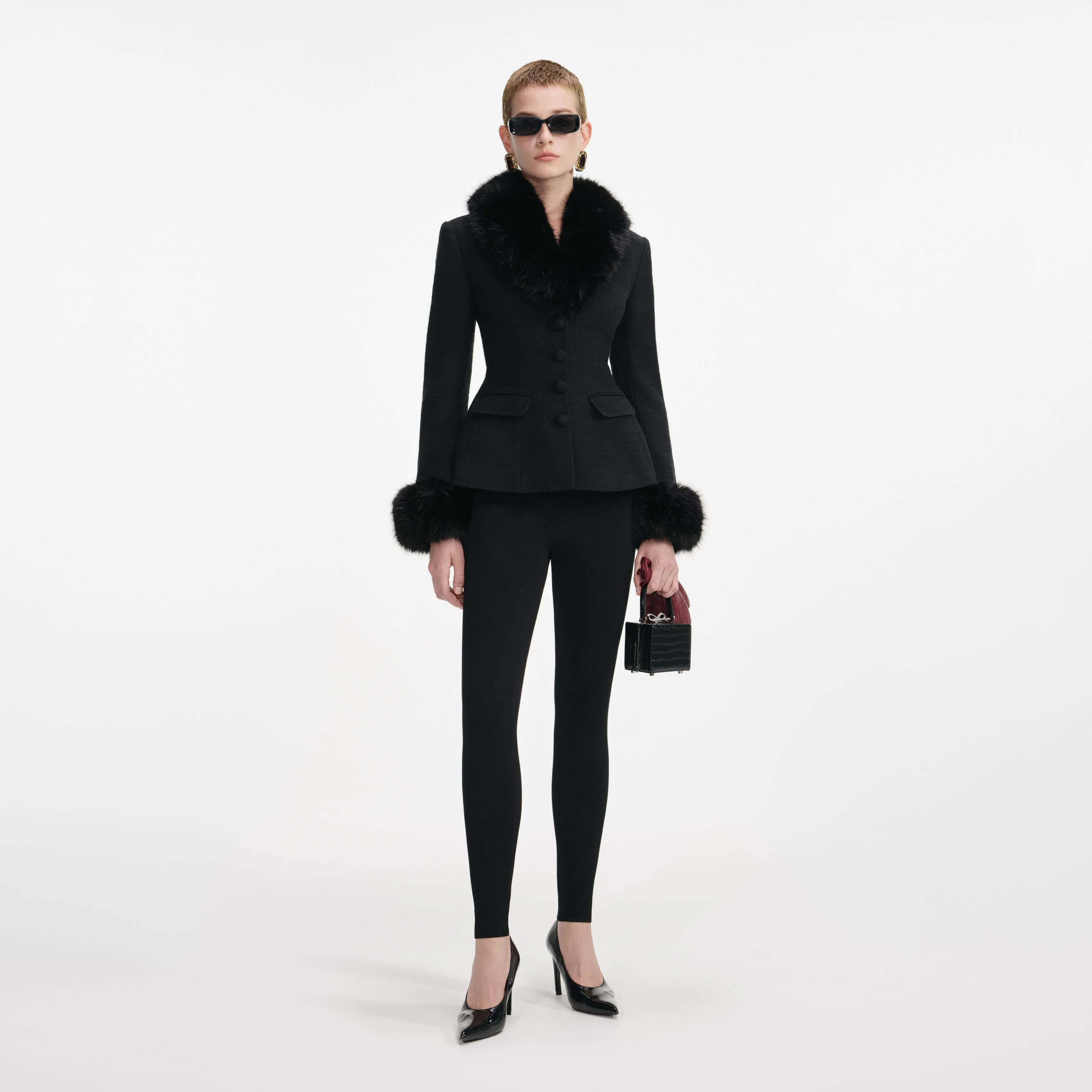 Black Tailored Boucle Fur Jacket sold by Self-Portrait