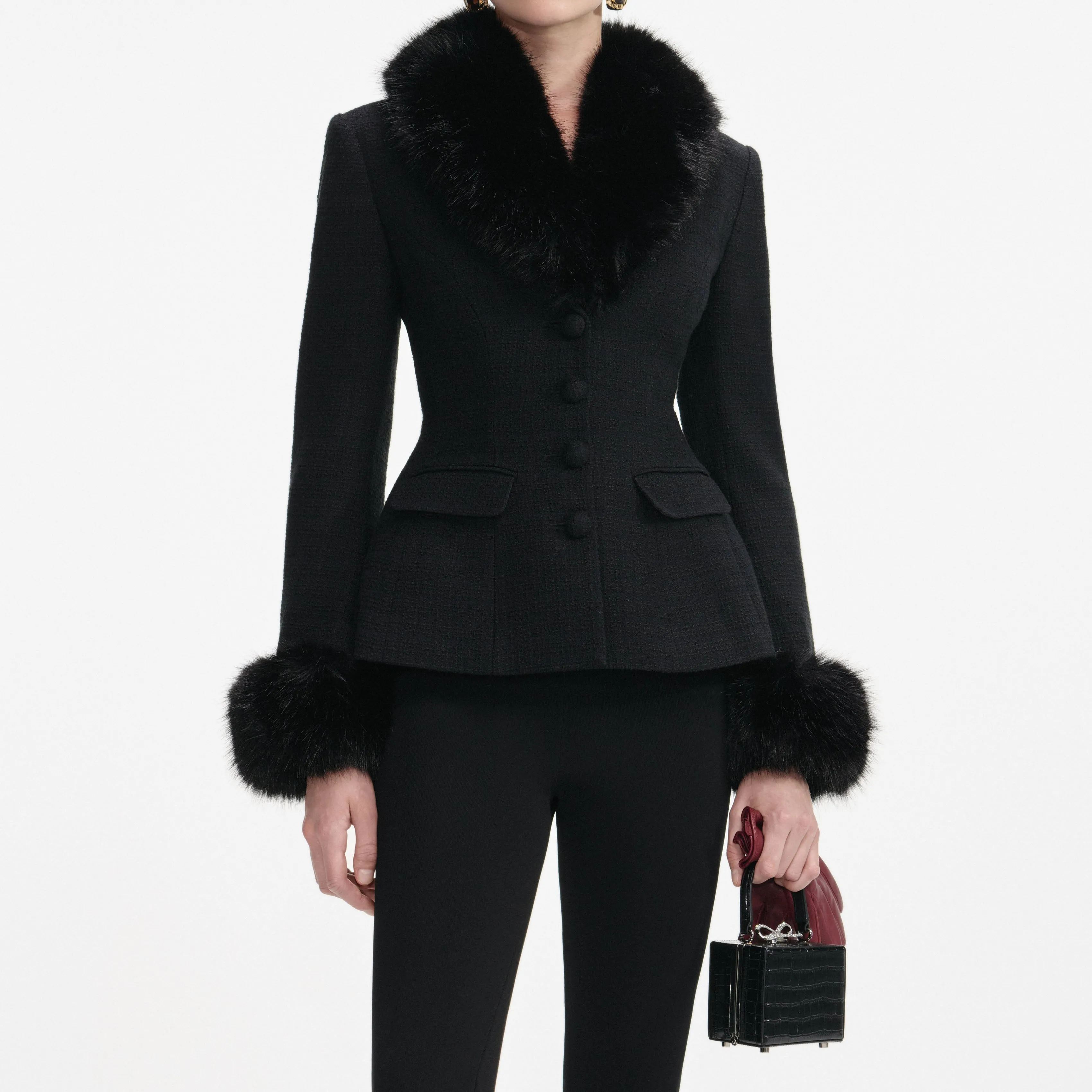 Black Tailored Boucle Fur Jacket sold by Self-Portrait product image thumbnail 4