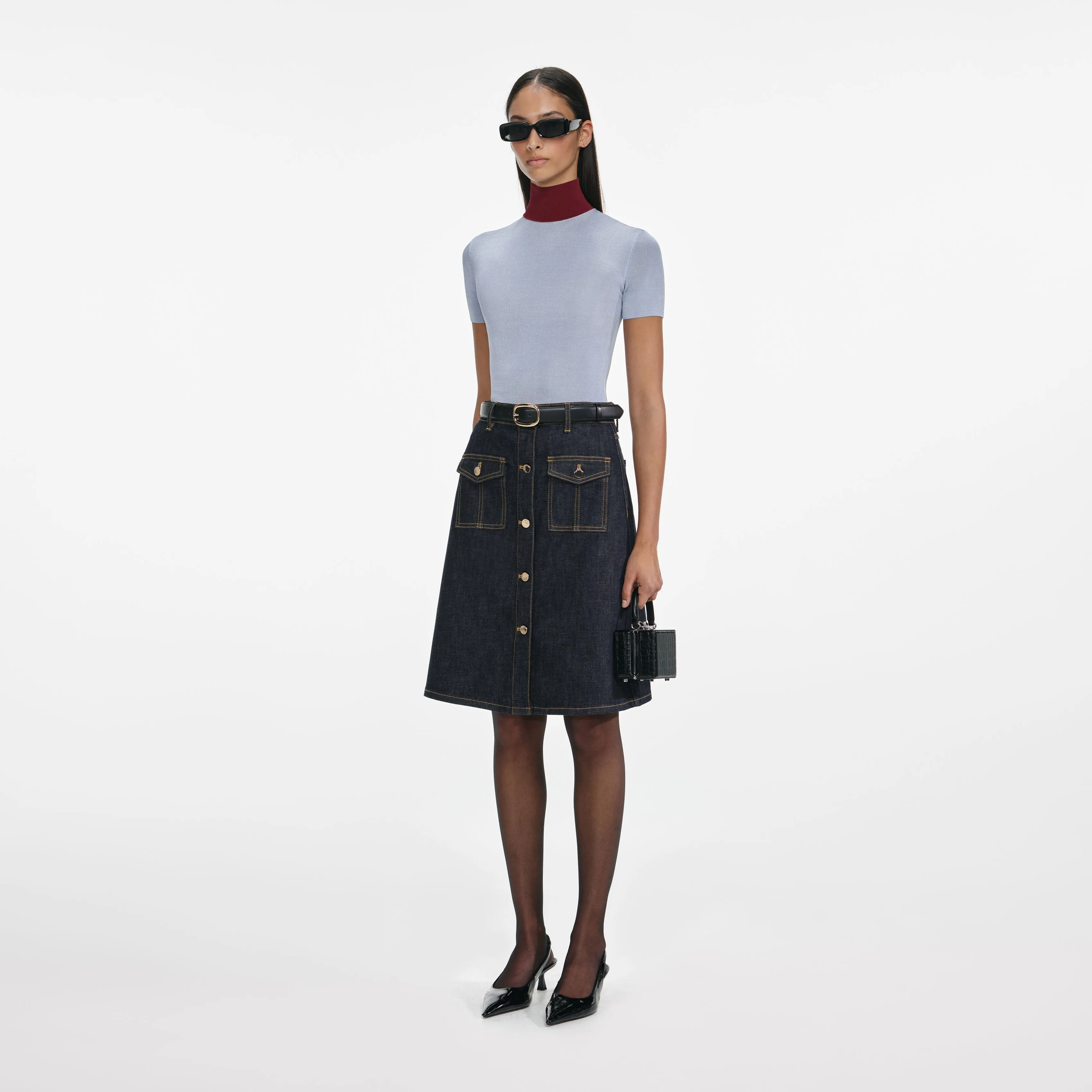 Indigo Denim Belted Midi Skirt sold by Self-Portrait product image thumbnail 2