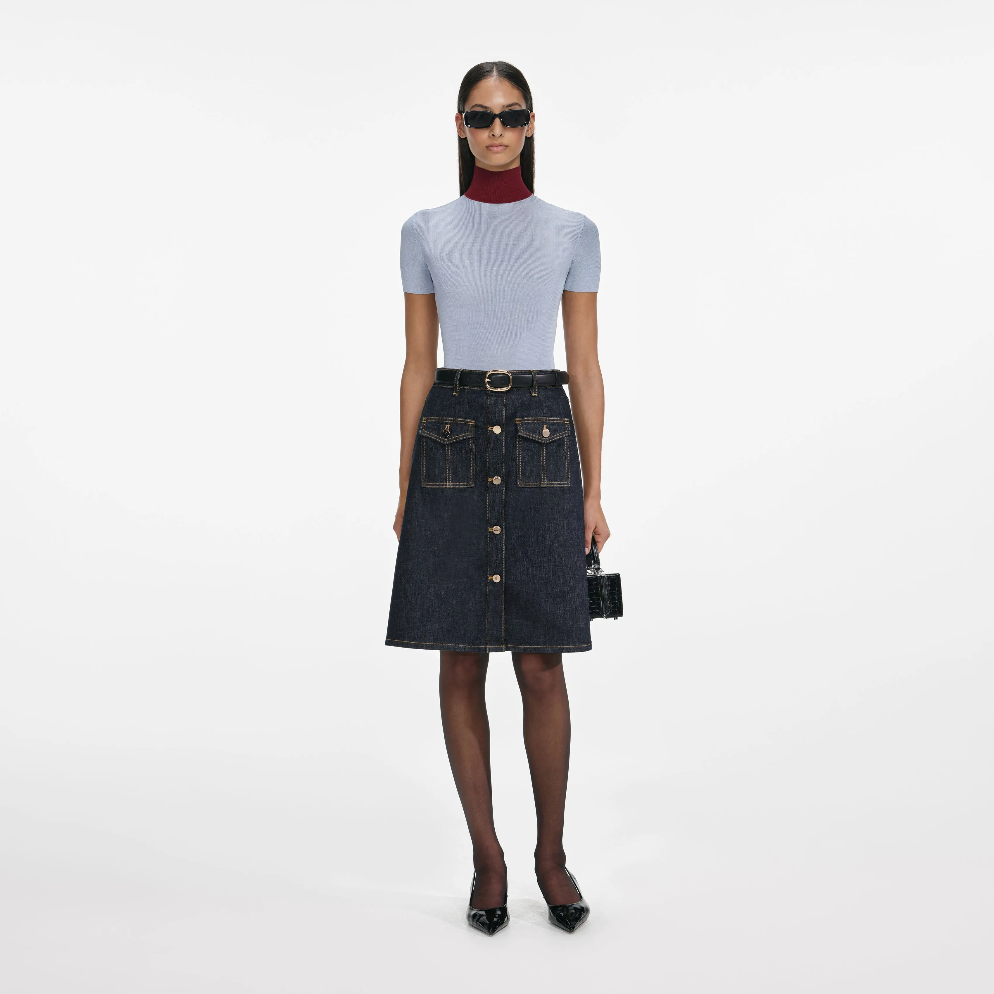 Indigo Denim Belted Midi Skirt sold by Self-Portrait