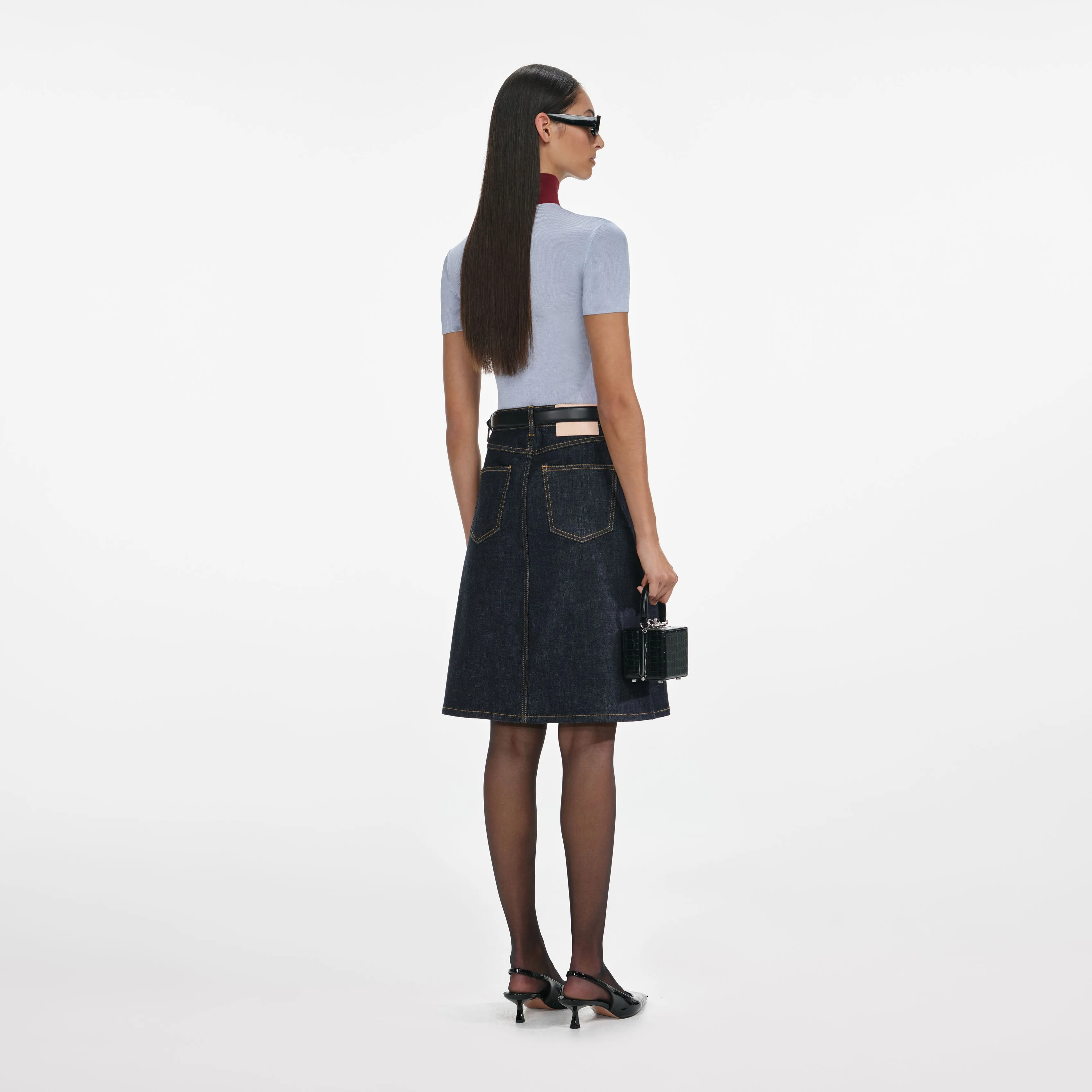 Indigo Denim Belted Midi Skirt sold by Self-Portrait product image thumbnail 3