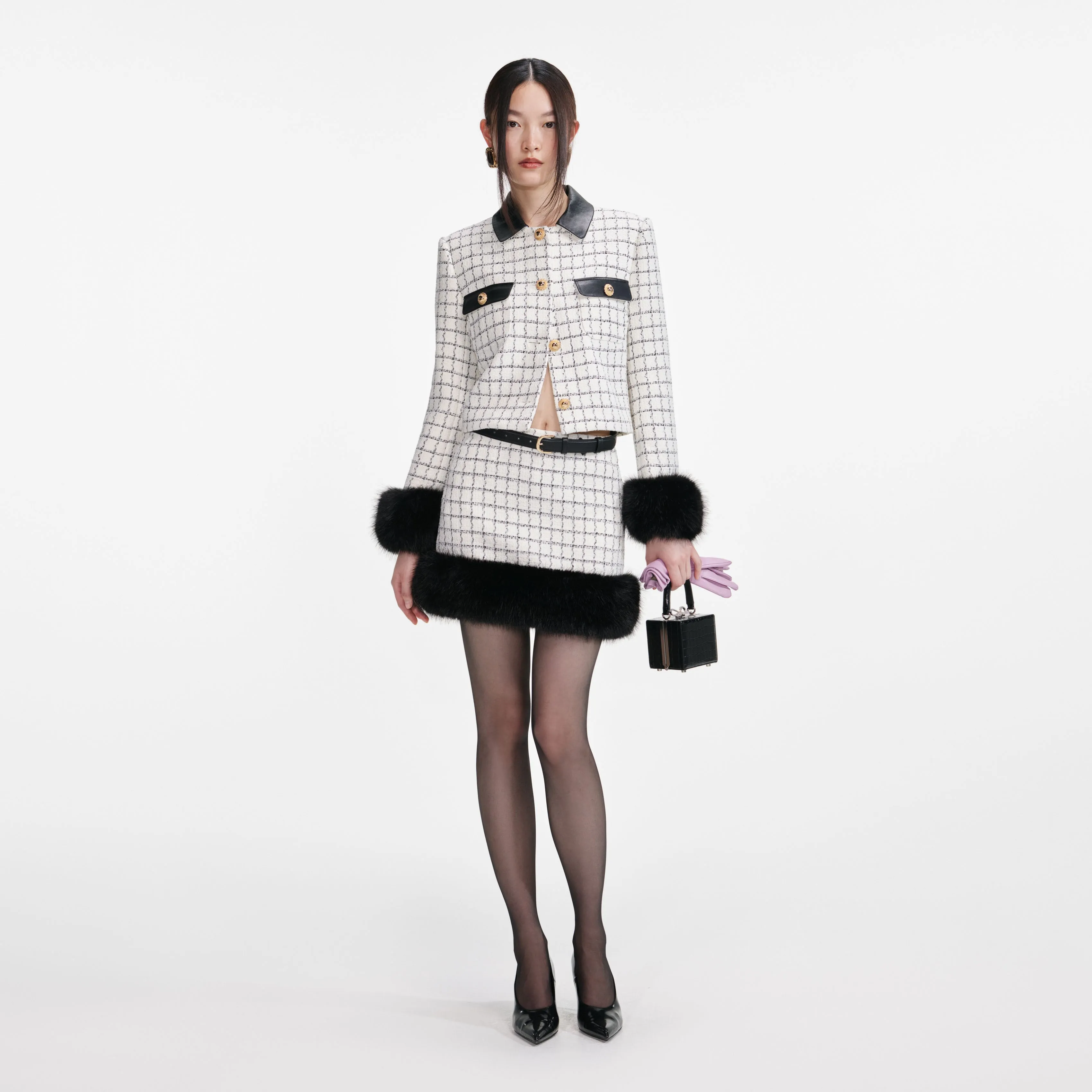 Check Boucle Fur Hem Mini Skirt sold by Self-Portrait
