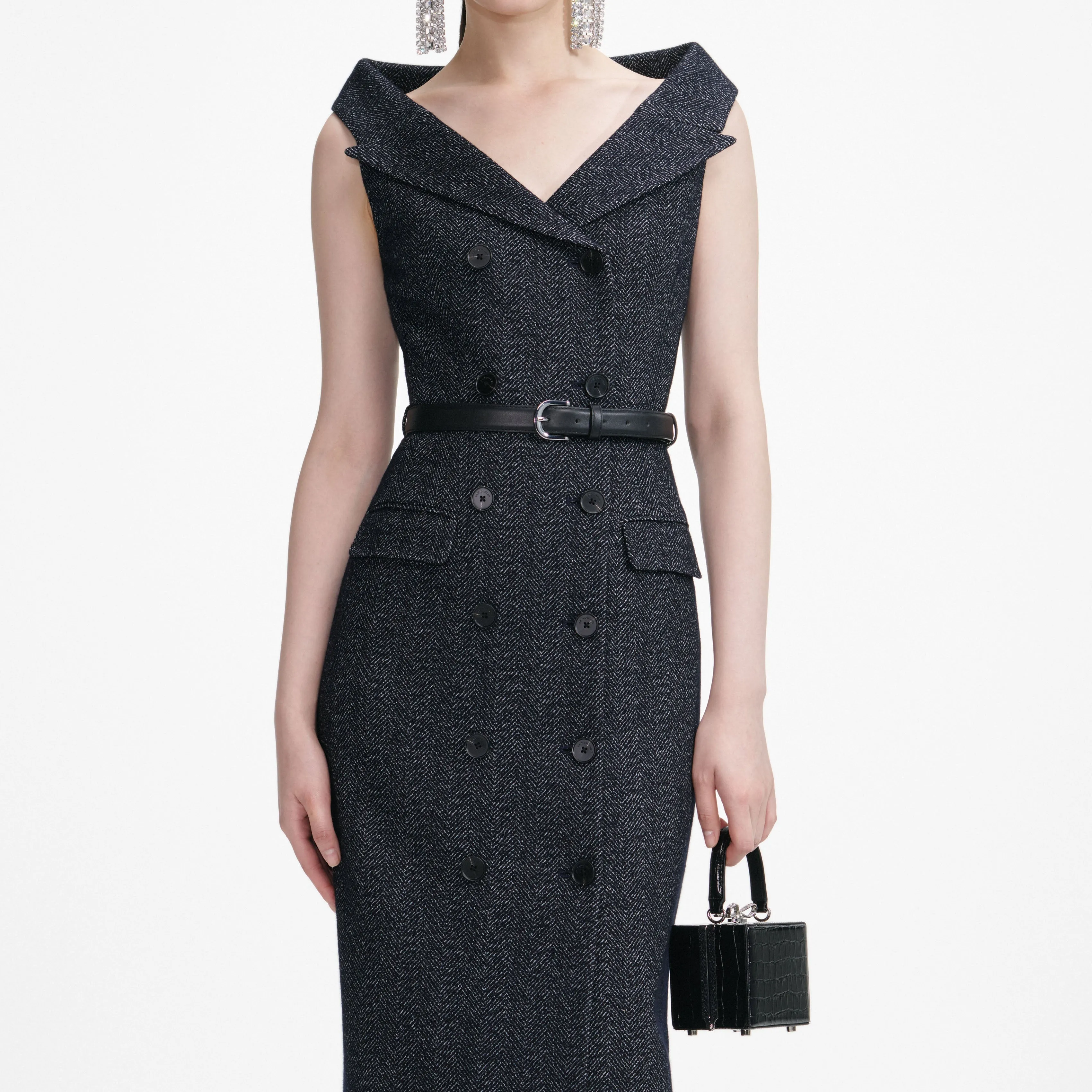 Navy Herringbone Wool Midi Dress sold by Self-Portrait product image thumbnail 4