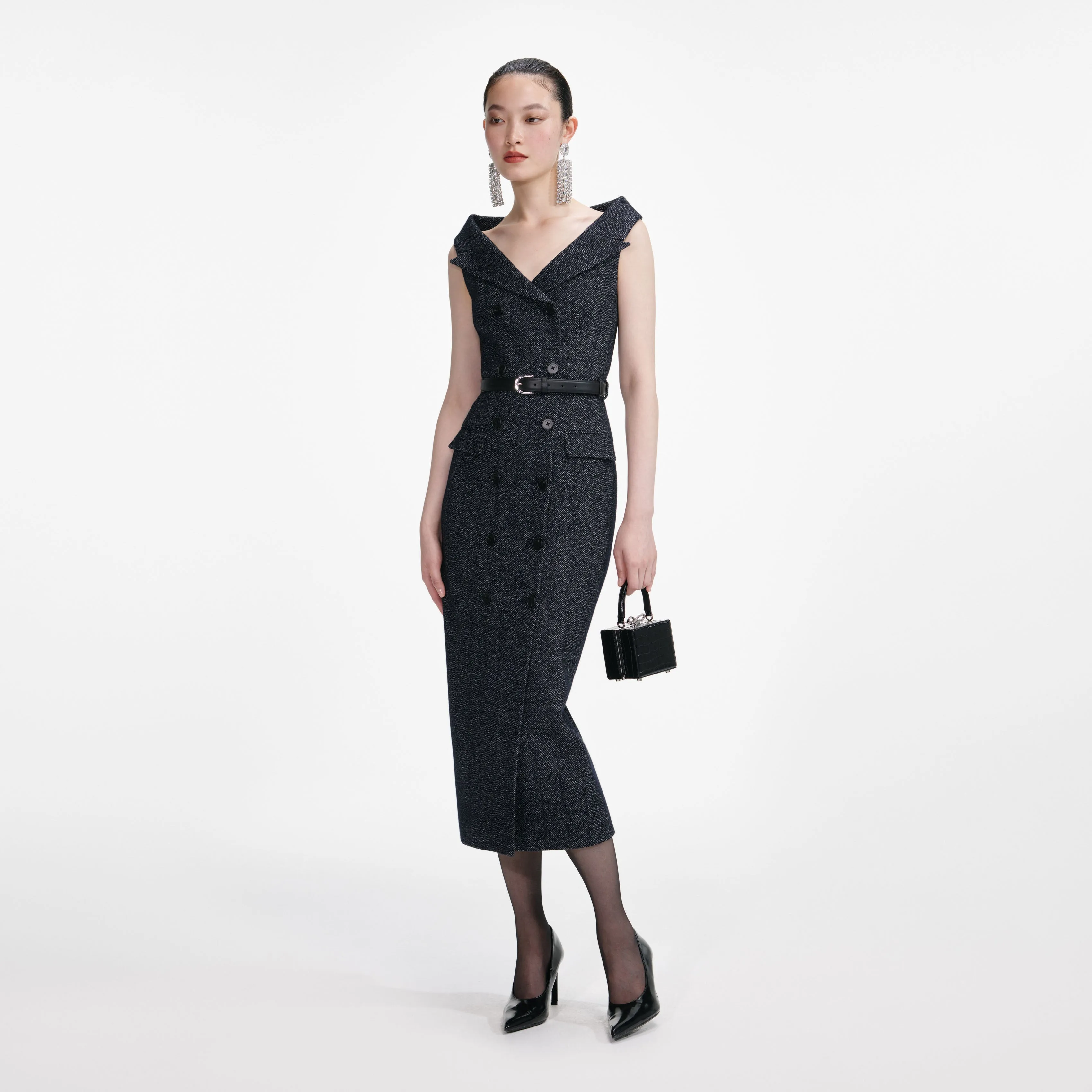 Navy Herringbone Wool Midi Dress sold by Self-Portrait product image thumbnail 2