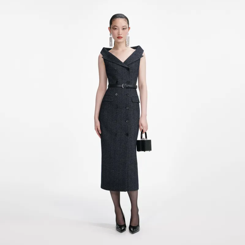 Navy Herringbone Wool Midi Dress made by Self-Portrait