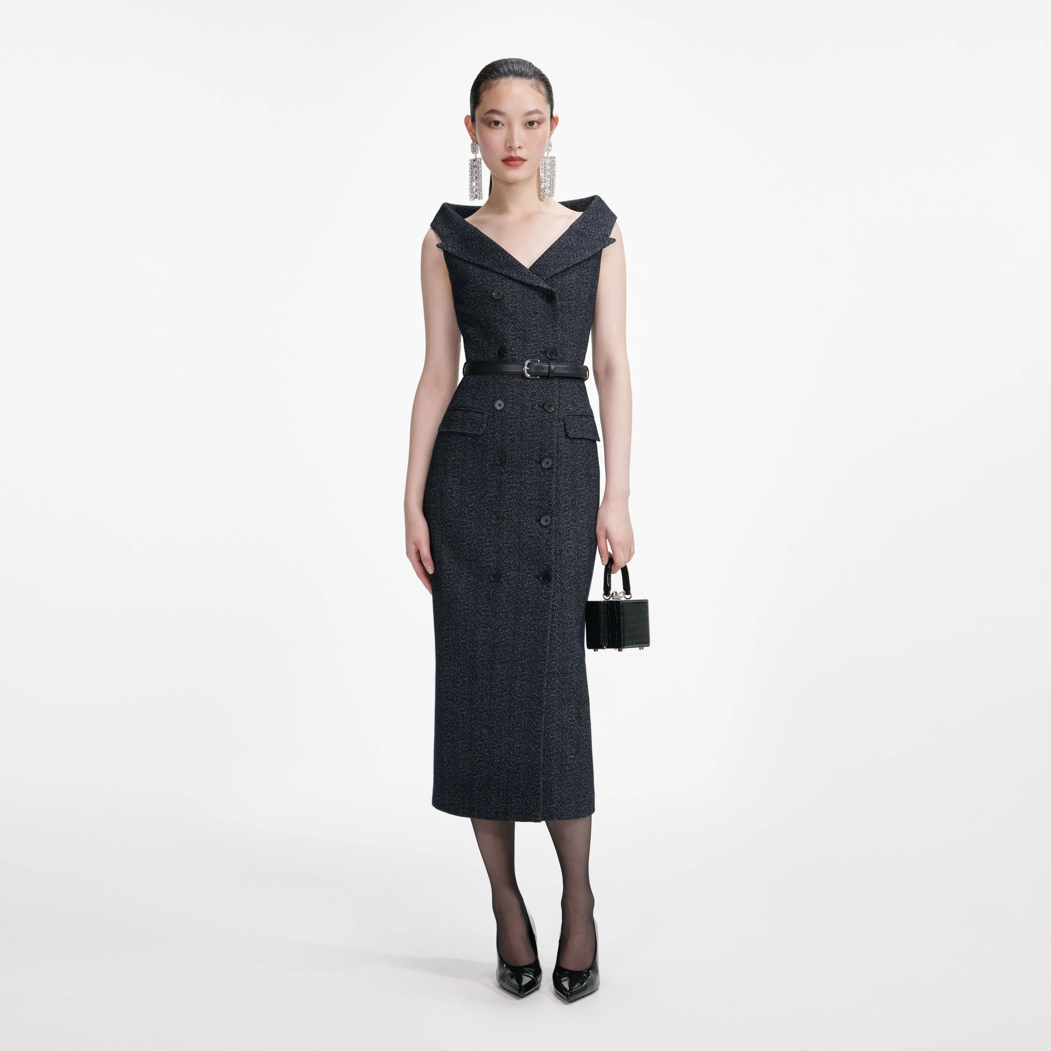 Navy Herringbone Wool Midi Dress sold by Self-Portrait