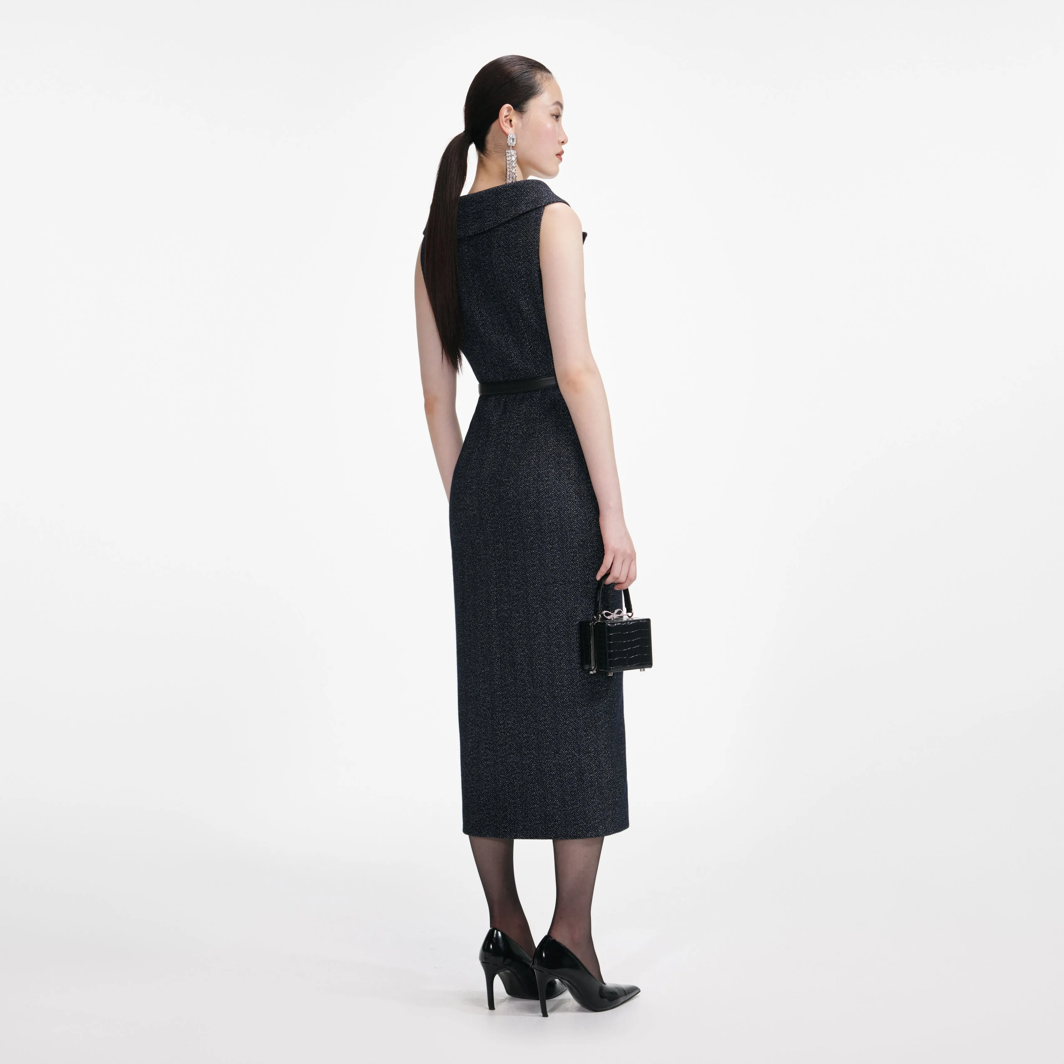 Navy Herringbone Wool Midi Dress sold by Self-Portrait product image thumbnail 3