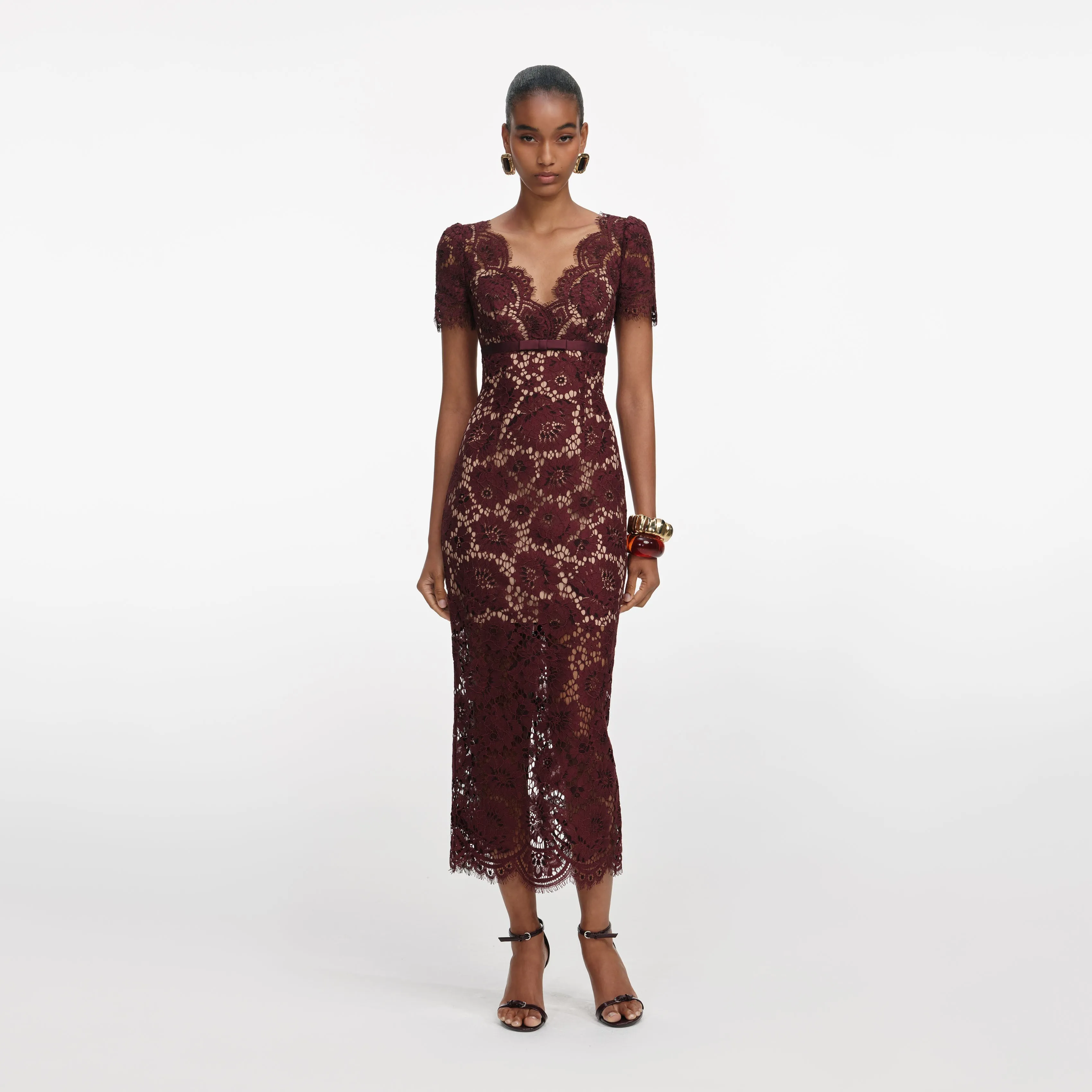 Burgundy Floral Lace Midi Dress sold by Self-Portrait