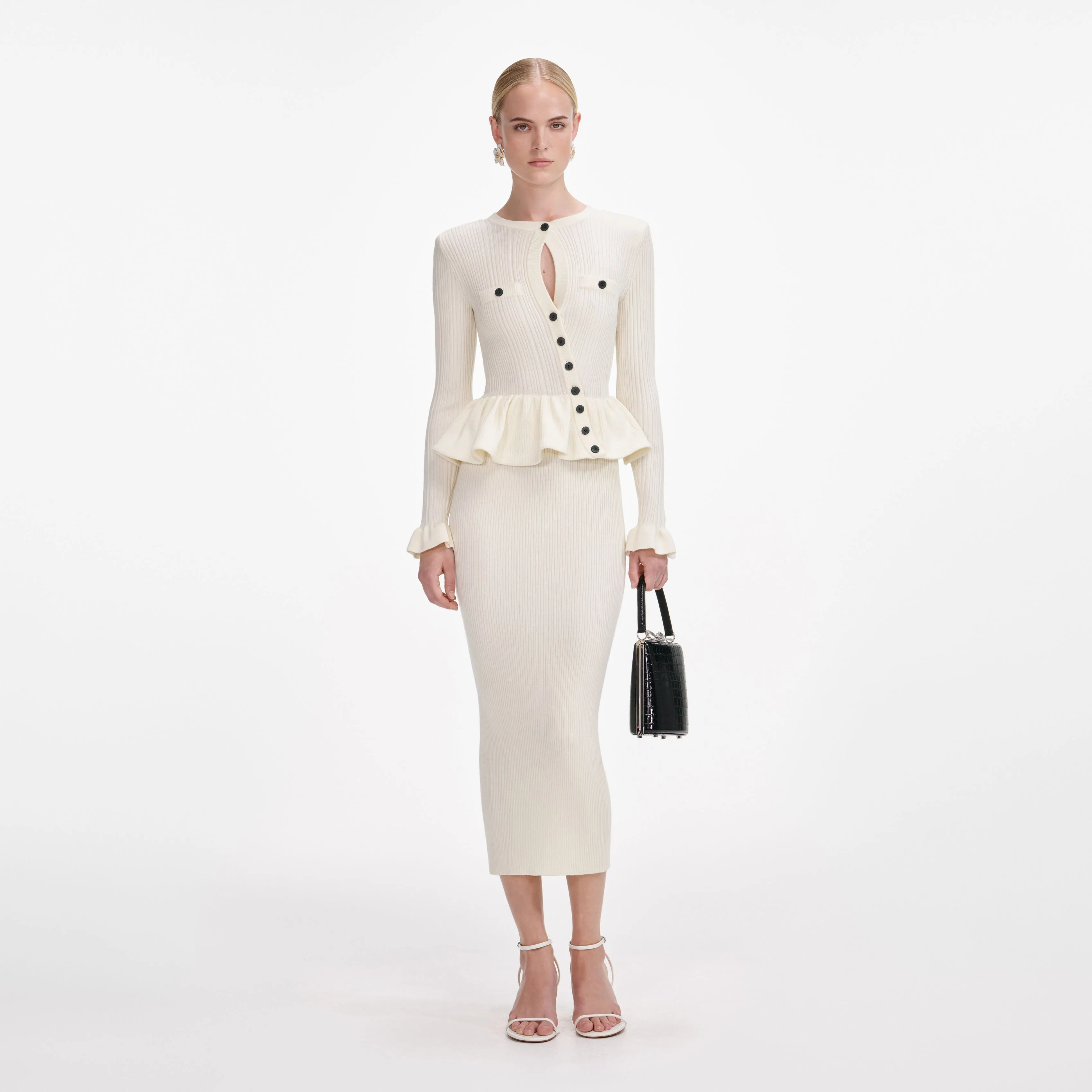 Cream Asymmetric Knit Midi Dress sold by Self-Portrait