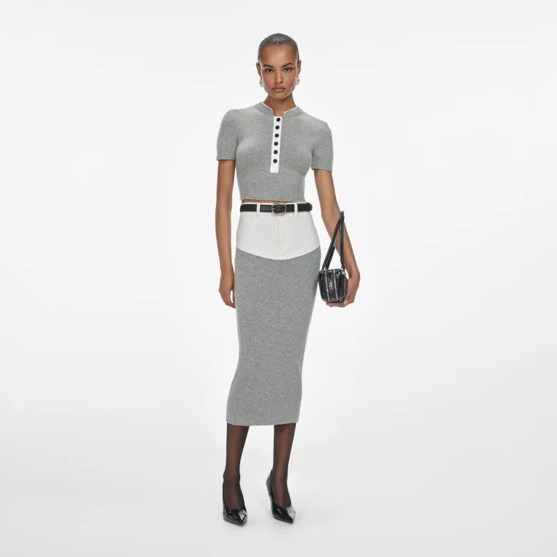 Grey Knit Denim Insert Midi Skirt made by Self-Portrait
