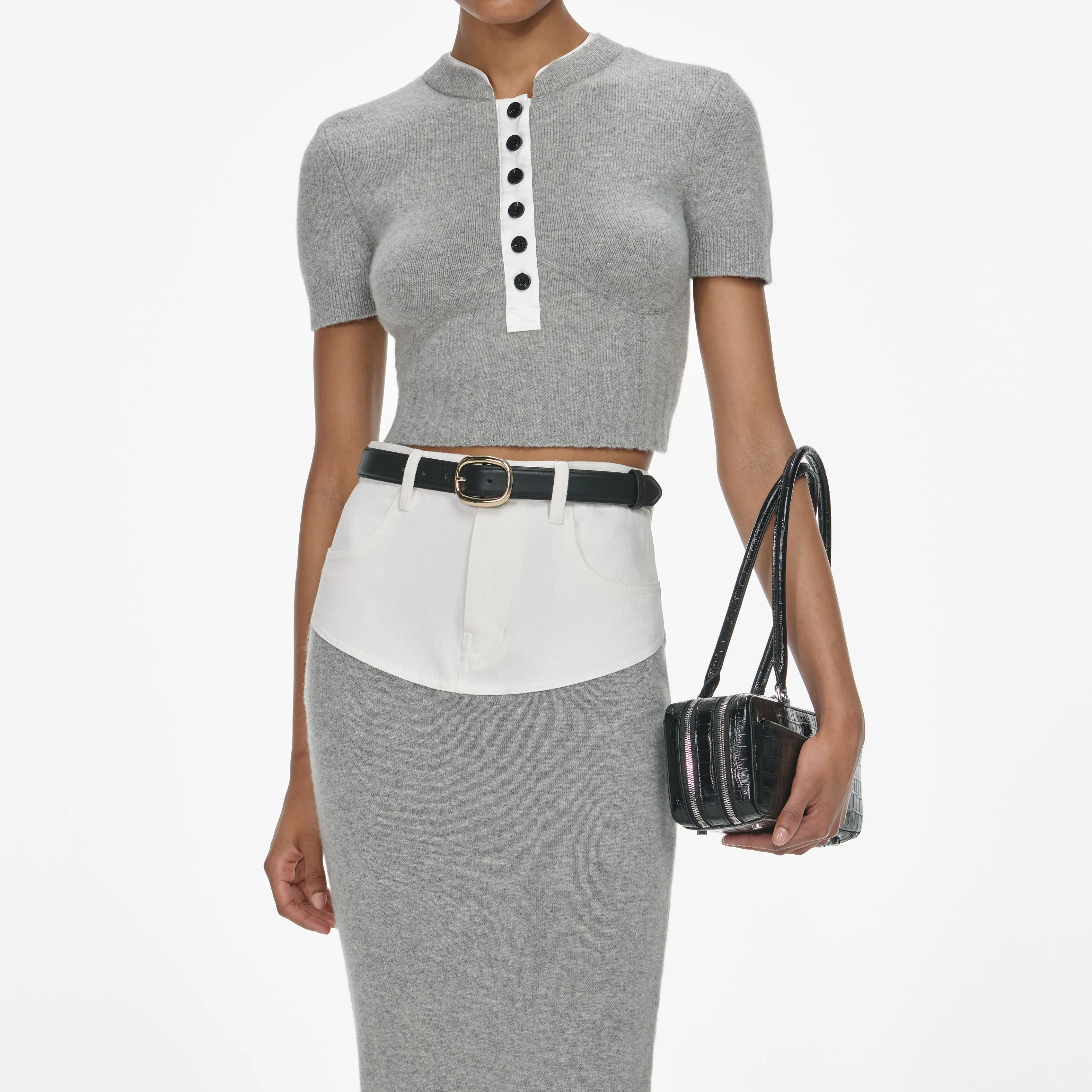 Grey Knit Denim Insert Midi Skirt sold by Self-Portrait product image thumbnail 4