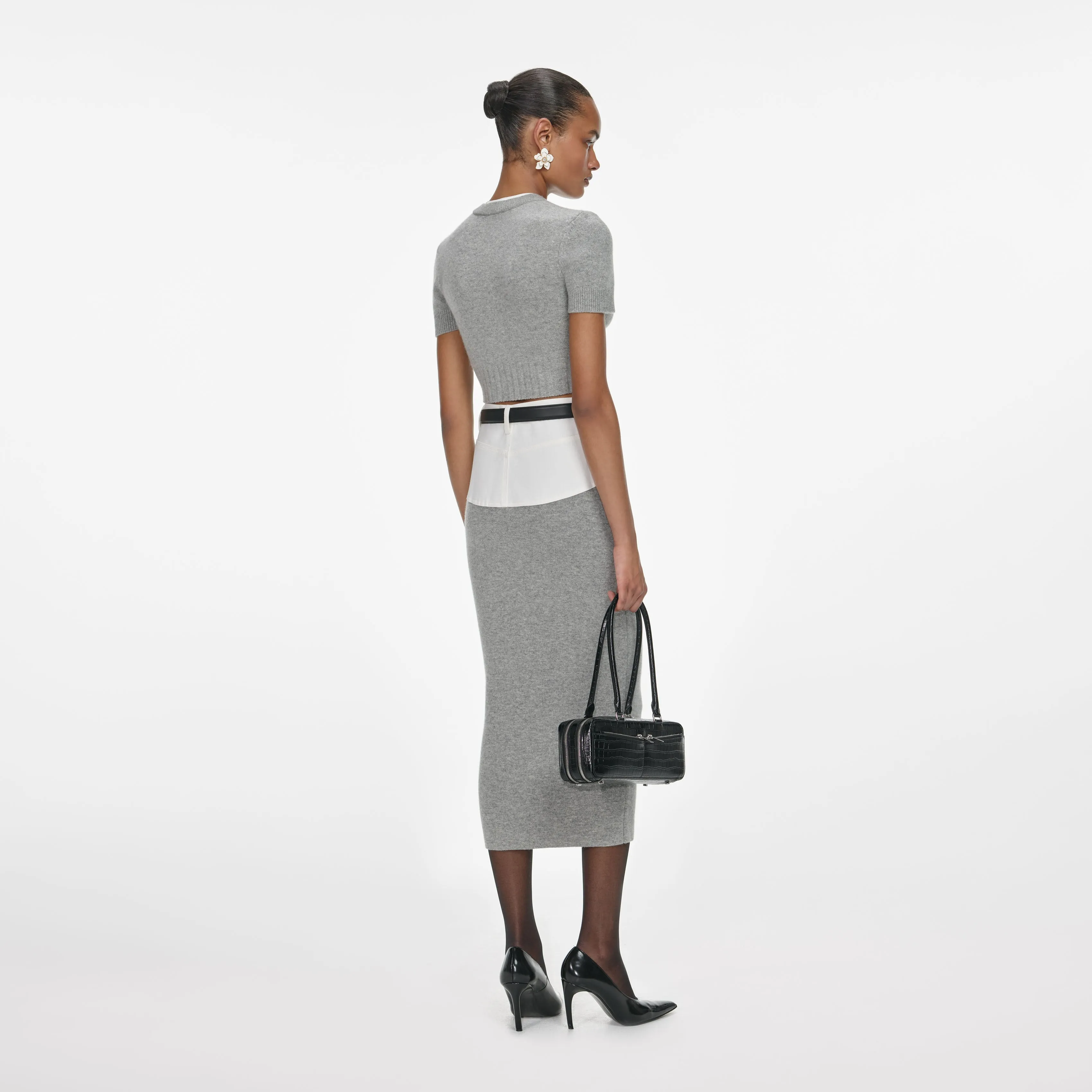 Grey Knit Denim Insert Midi Skirt sold by Self-Portrait product image thumbnail 3