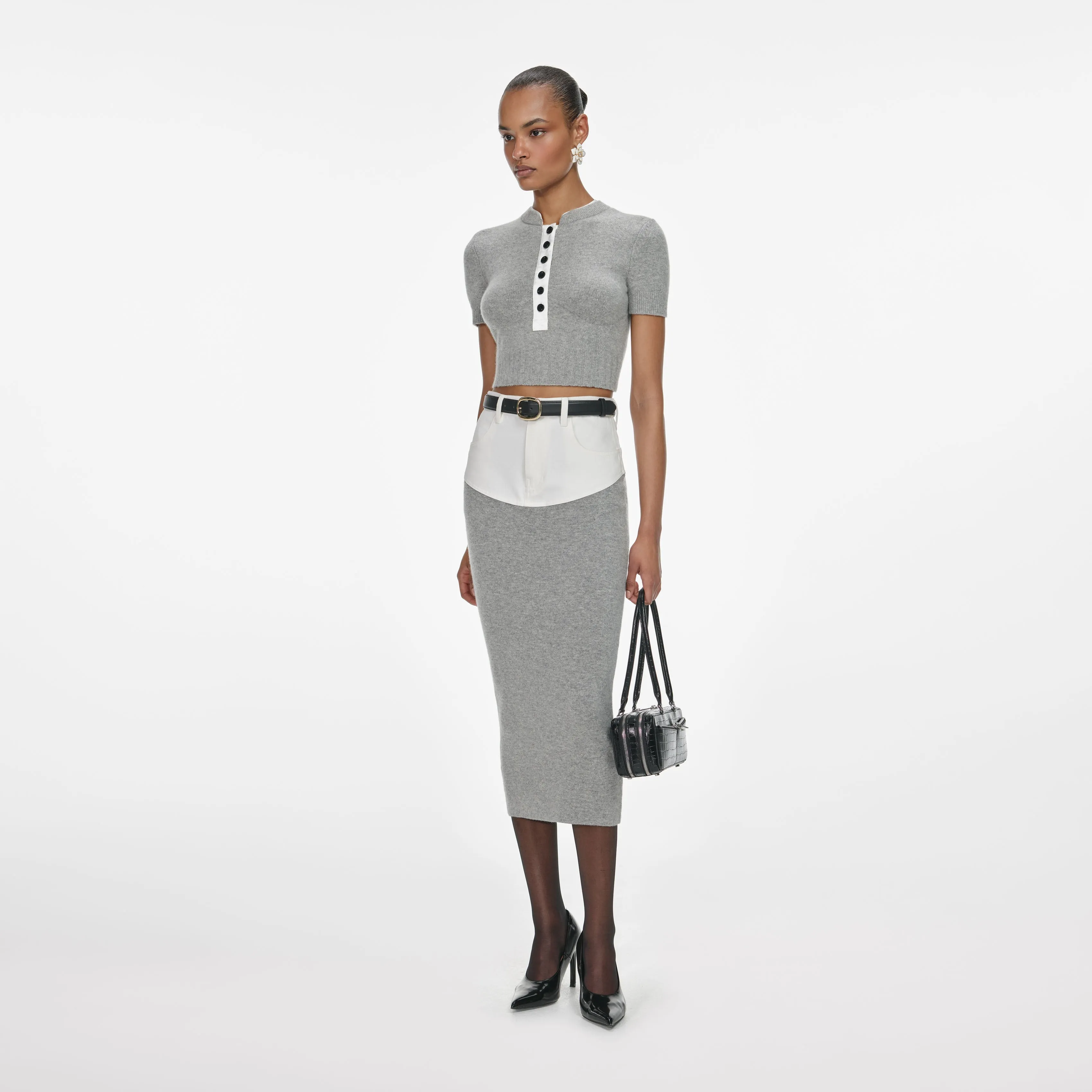 Grey Knit Denim Insert Midi Skirt sold by Self-Portrait product image thumbnail 2