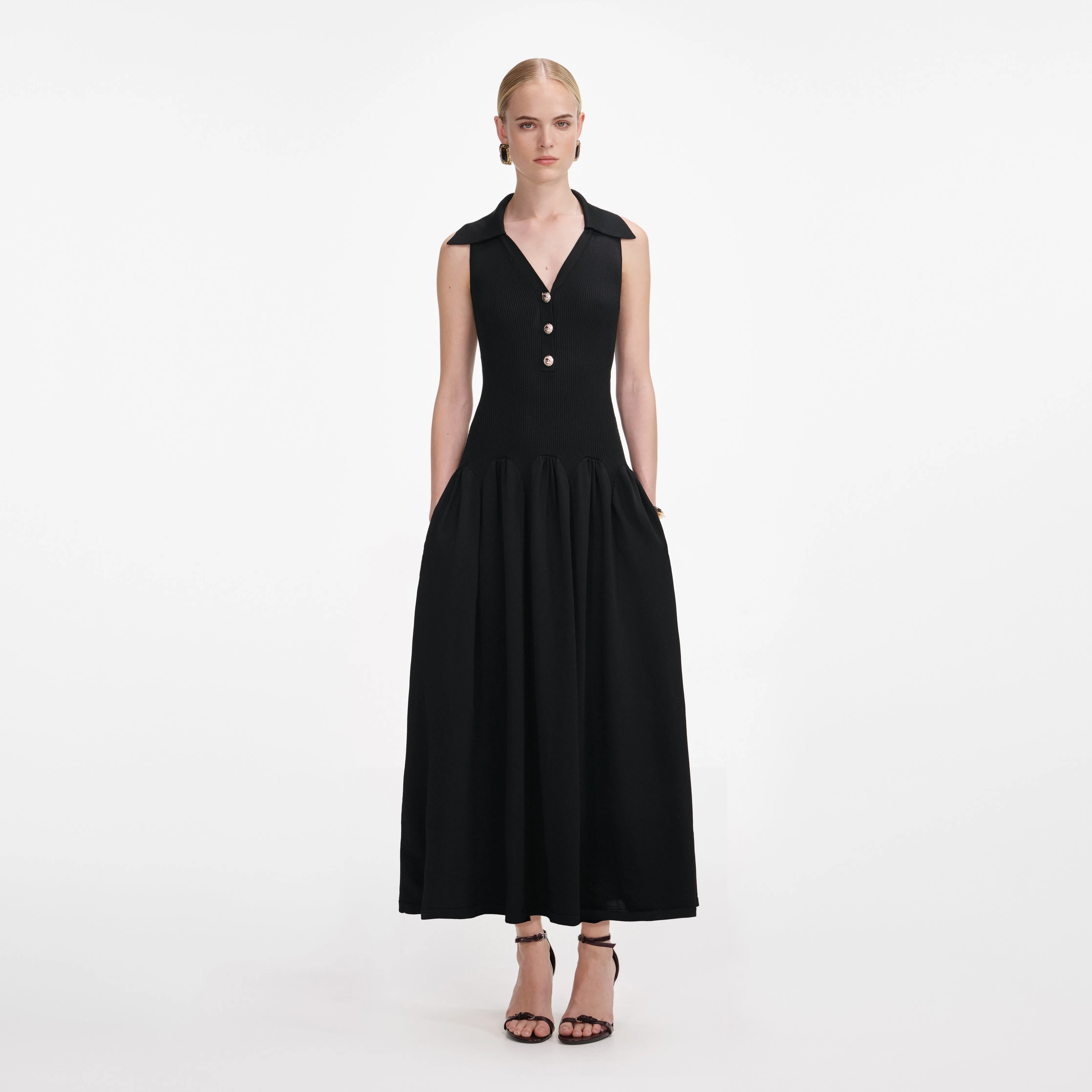 Black Ribbed Knit Midi Dress sold by Self-Portrait