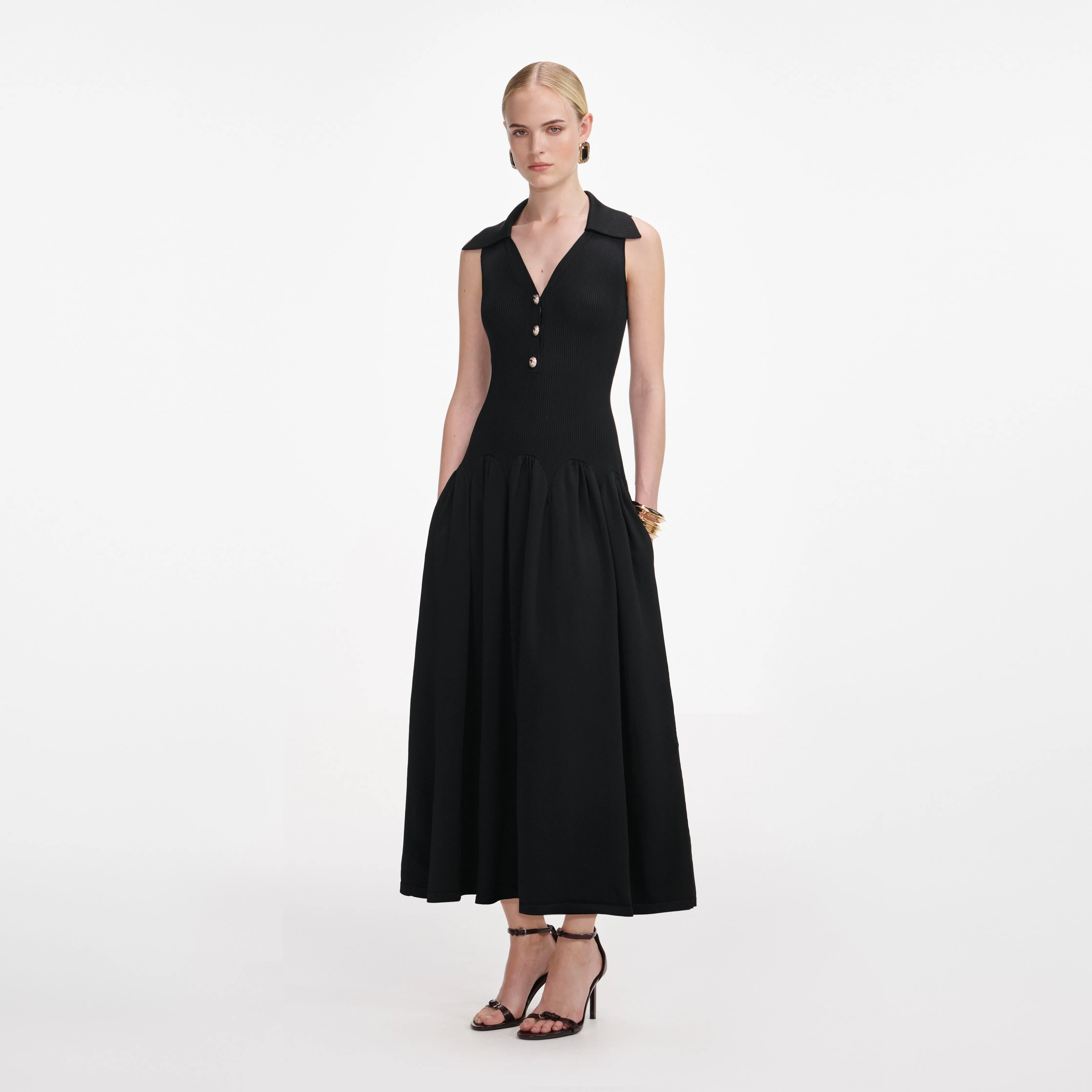 Black Ribbed Knit Midi Dress sold by Self-Portrait product image thumbnail 2
