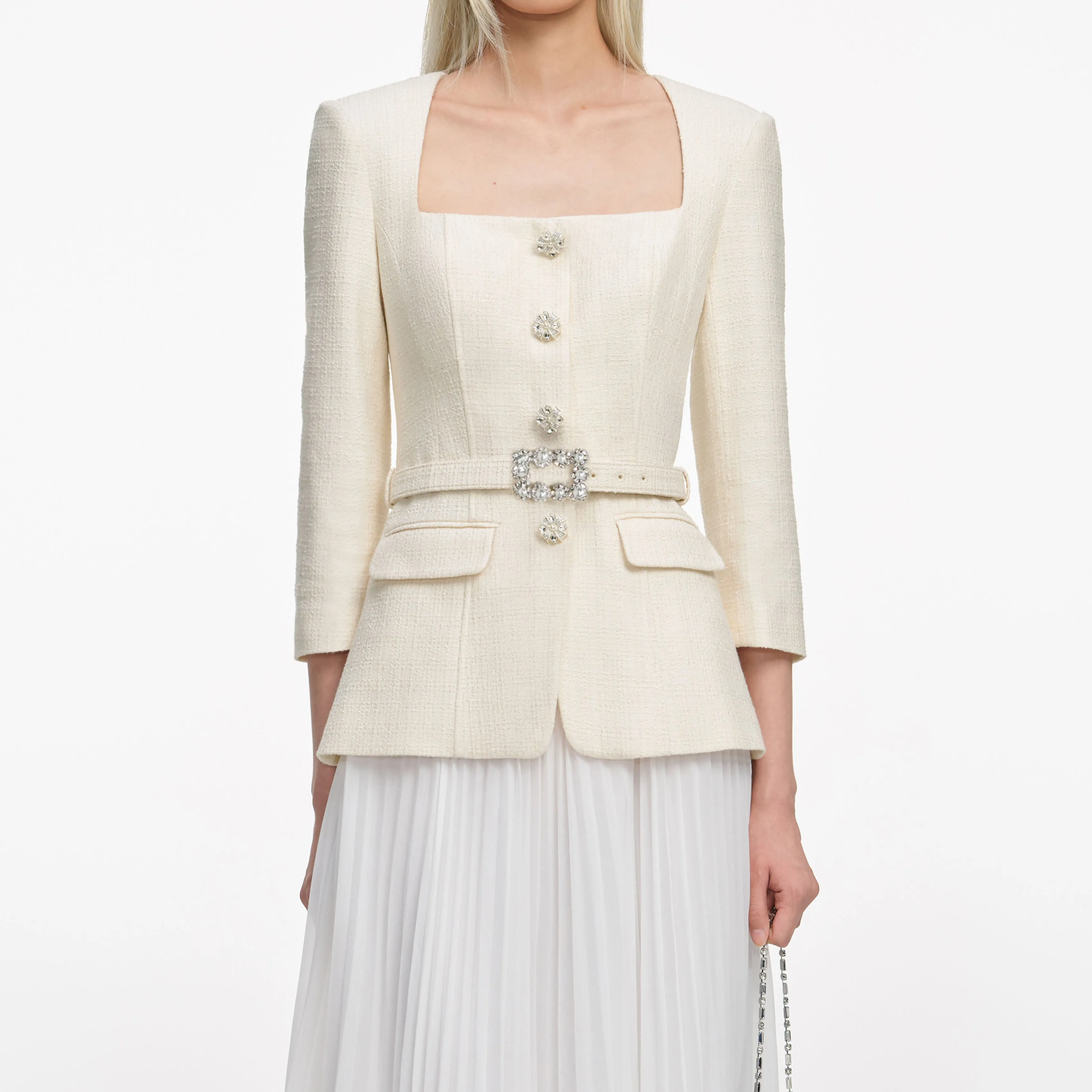 Cream Boucle Long Sleeve Chiffon Midi Dress sold by Self-Portrait product image thumbnail 4