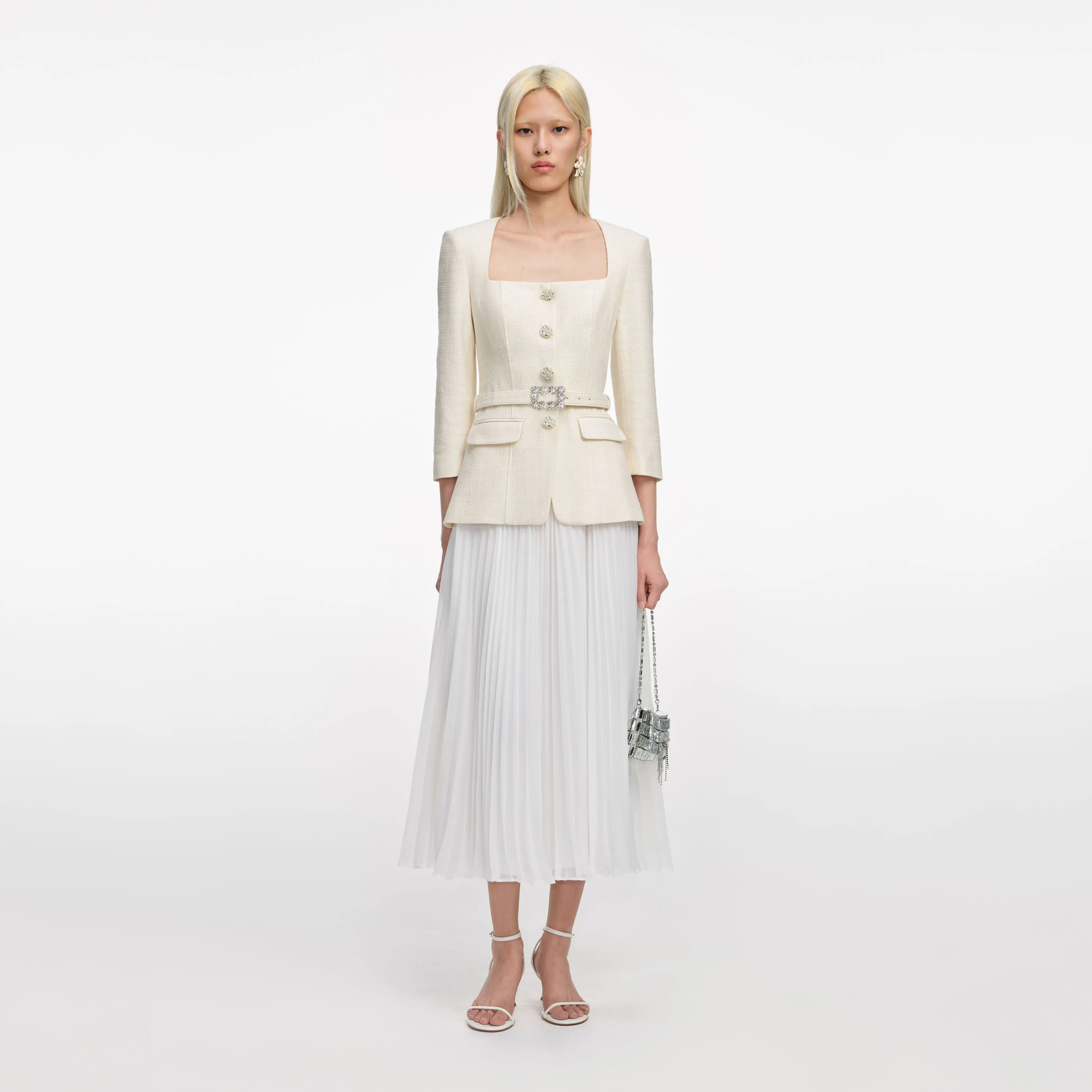 Cream Boucle Long Sleeve Chiffon Midi Dress sold by Self-Portrait