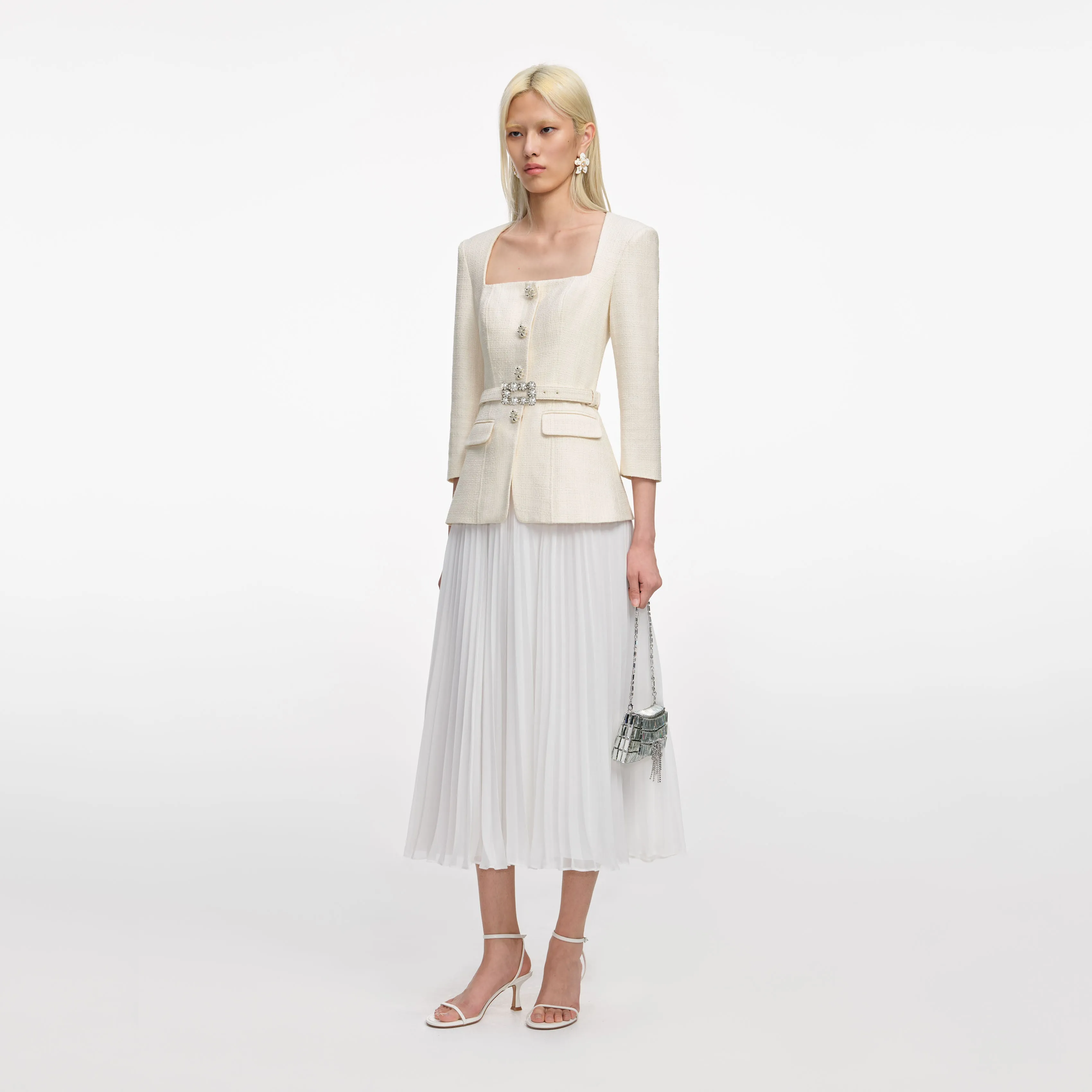 Cream Boucle Long Sleeve Chiffon Midi Dress sold by Self-Portrait product image thumbnail 2