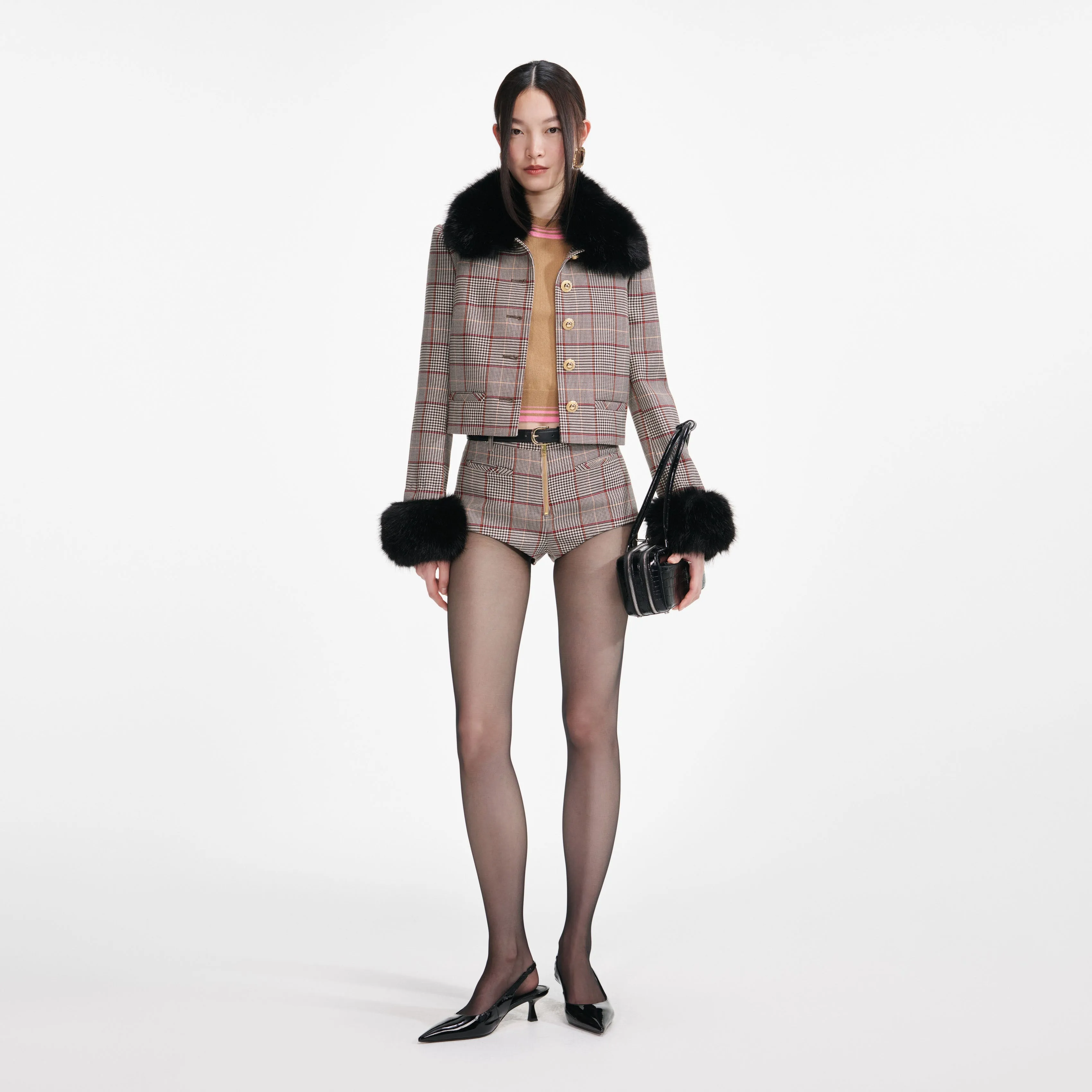 Brown Check Fur Cuff Jacket sold by Self-Portrait