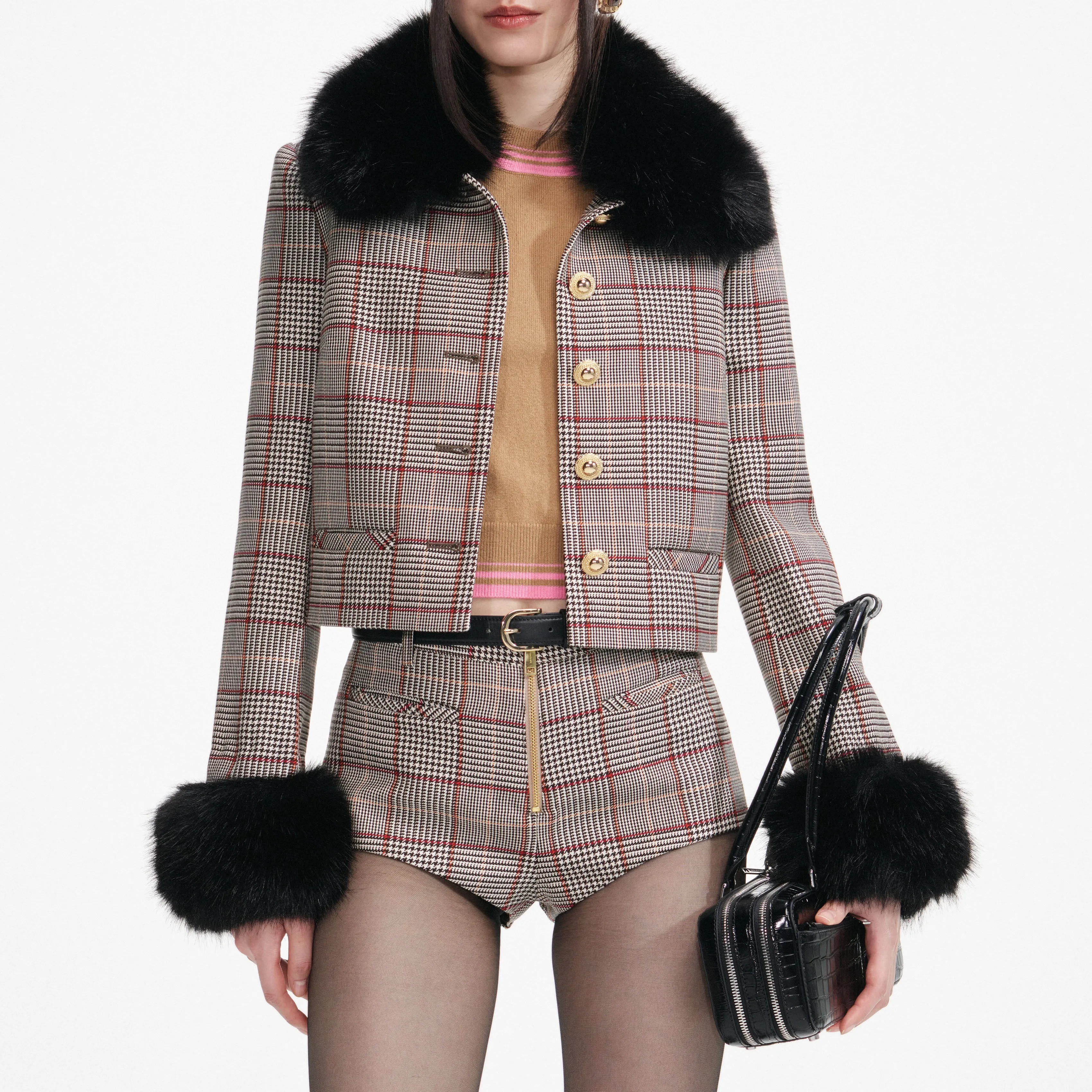 Brown Check Fur Cuff Jacket sold by Self-Portrait product image thumbnail 4
