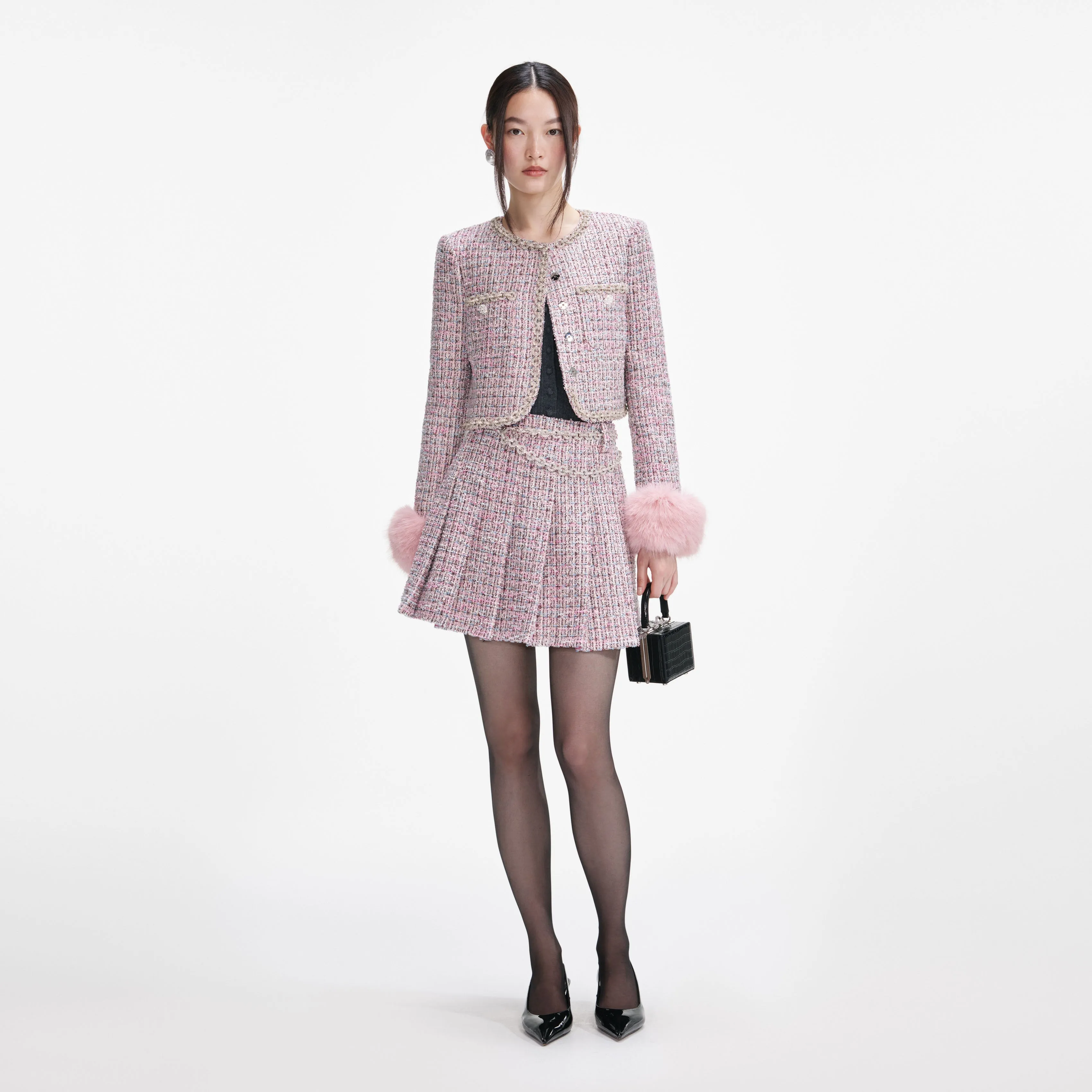 Pink Boucle Crystal Belt Mini Skirt sold by Self-Portrait