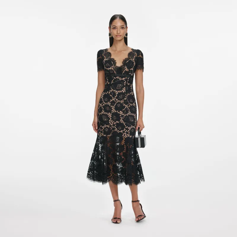 Black Floral Lace Midi Dress made by Self-Portrait