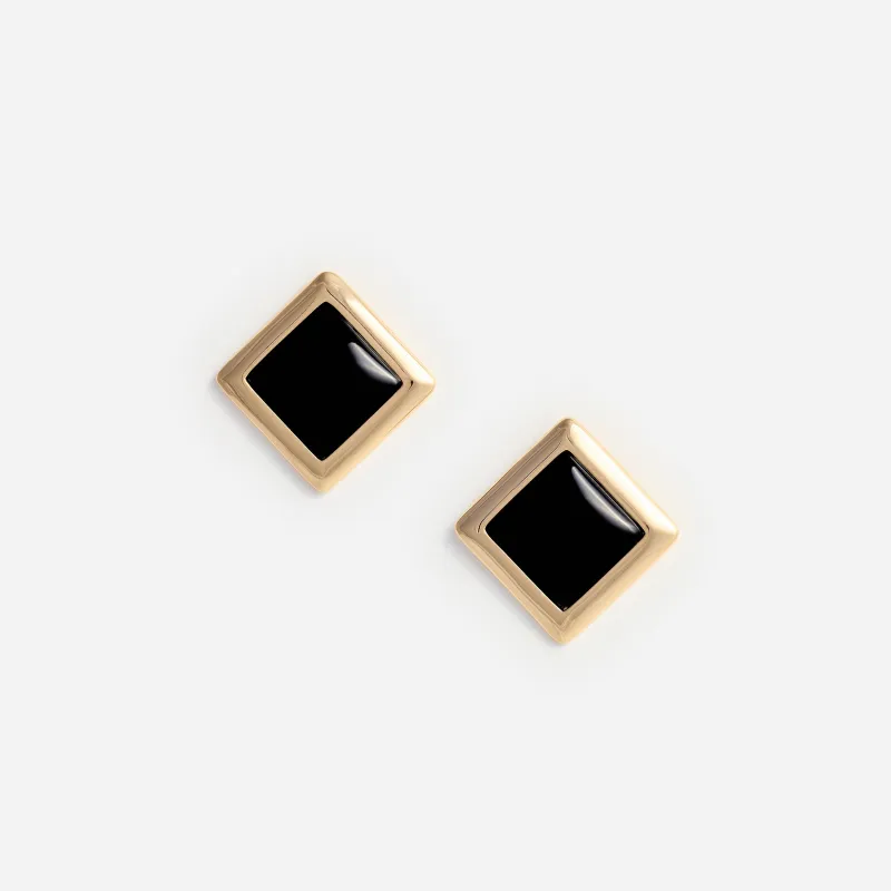 Black Enamel Gold Square Earrings made by Self-Portrait
