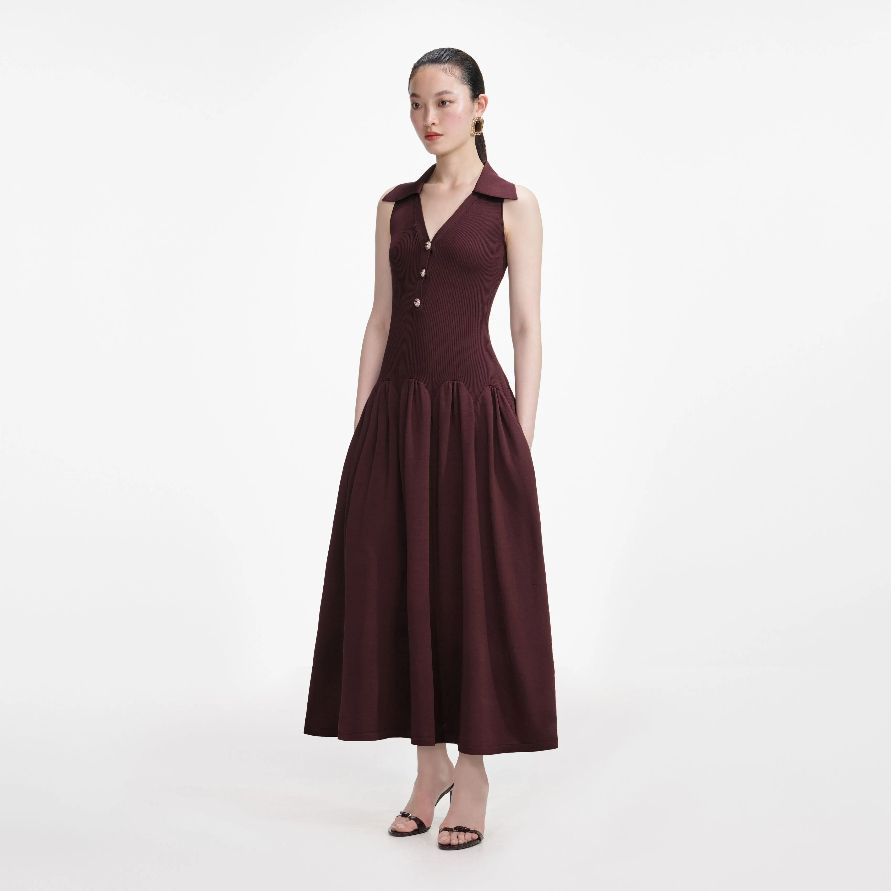Brown Ribbed Collared Knit Midi Dress sold by Self-Portrait product image thumbnail 2