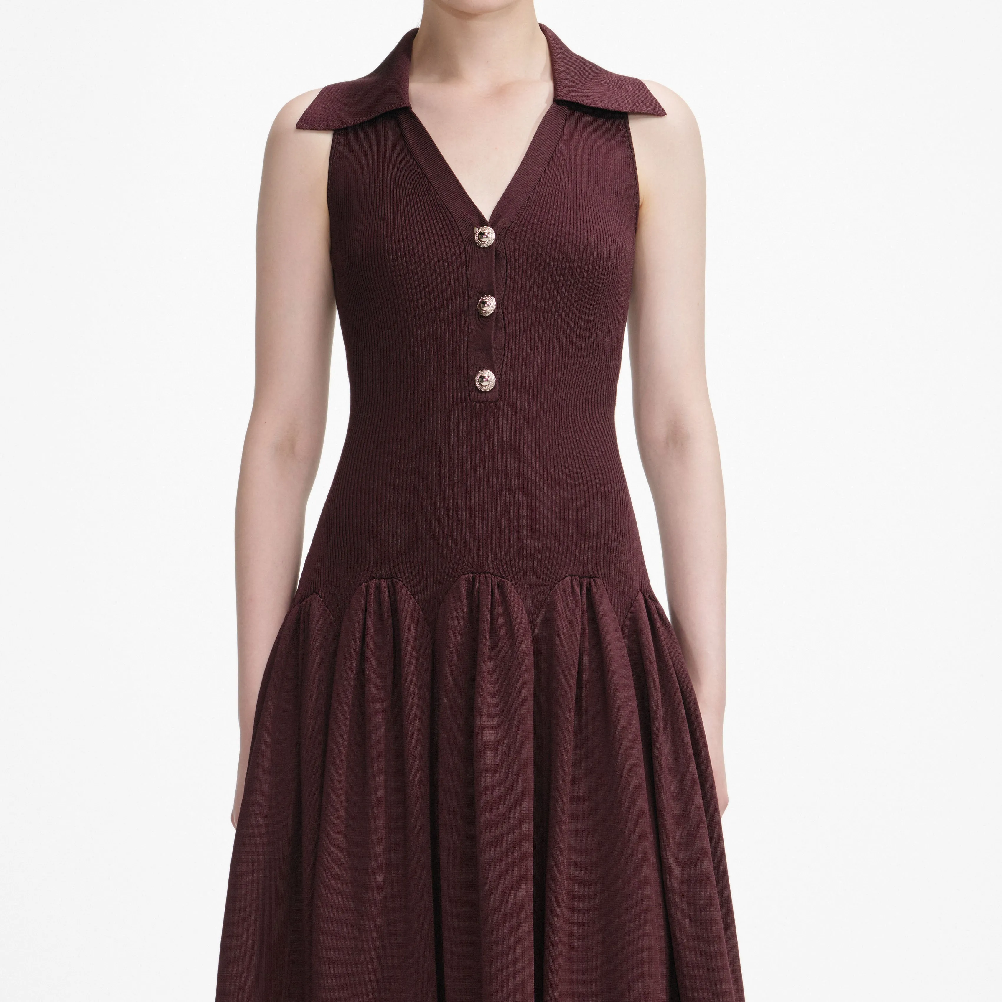 Brown Ribbed Collared Knit Midi Dress sold by Self-Portrait product image thumbnail 4