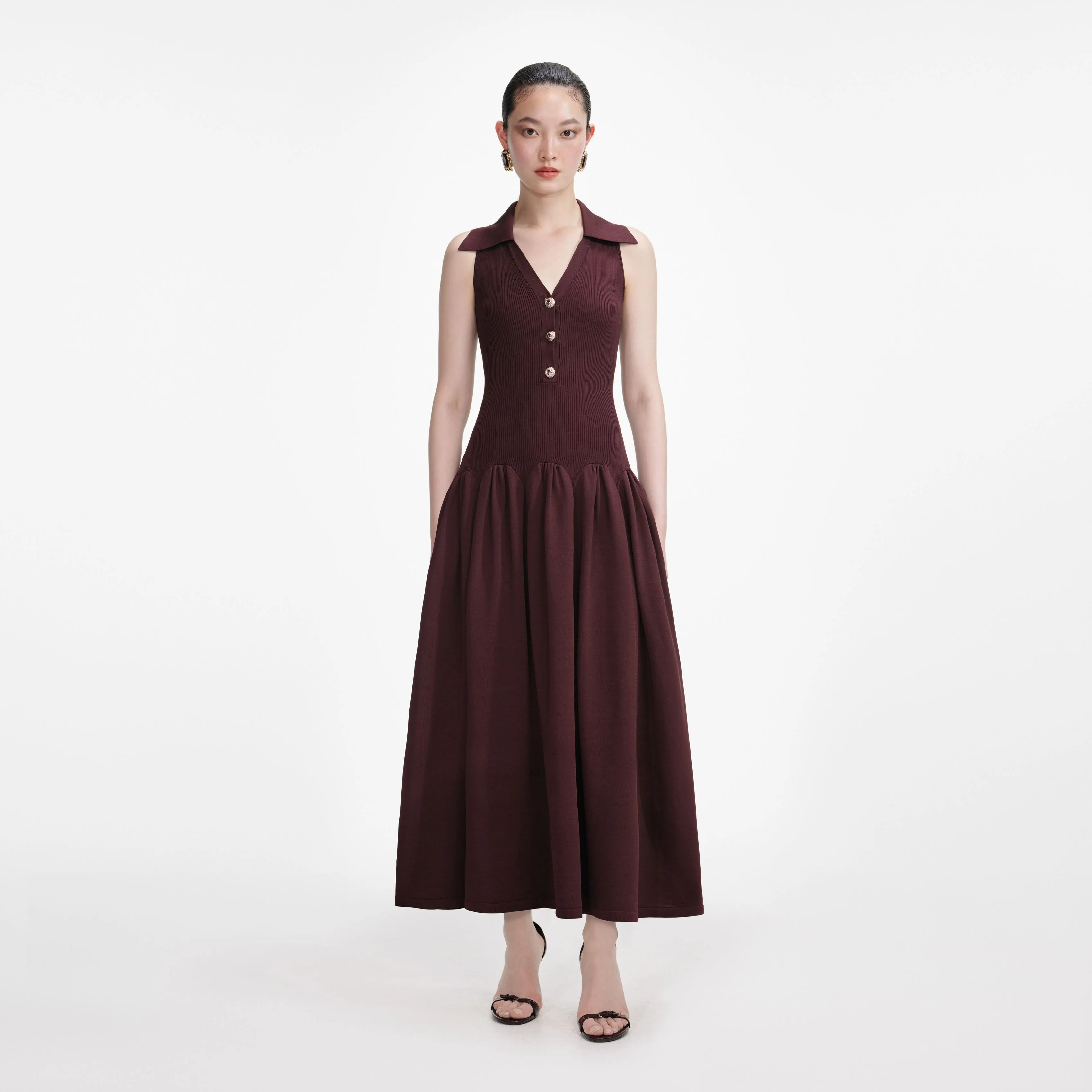 Brown Ribbed Collared Knit Midi Dress sold by Self-Portrait