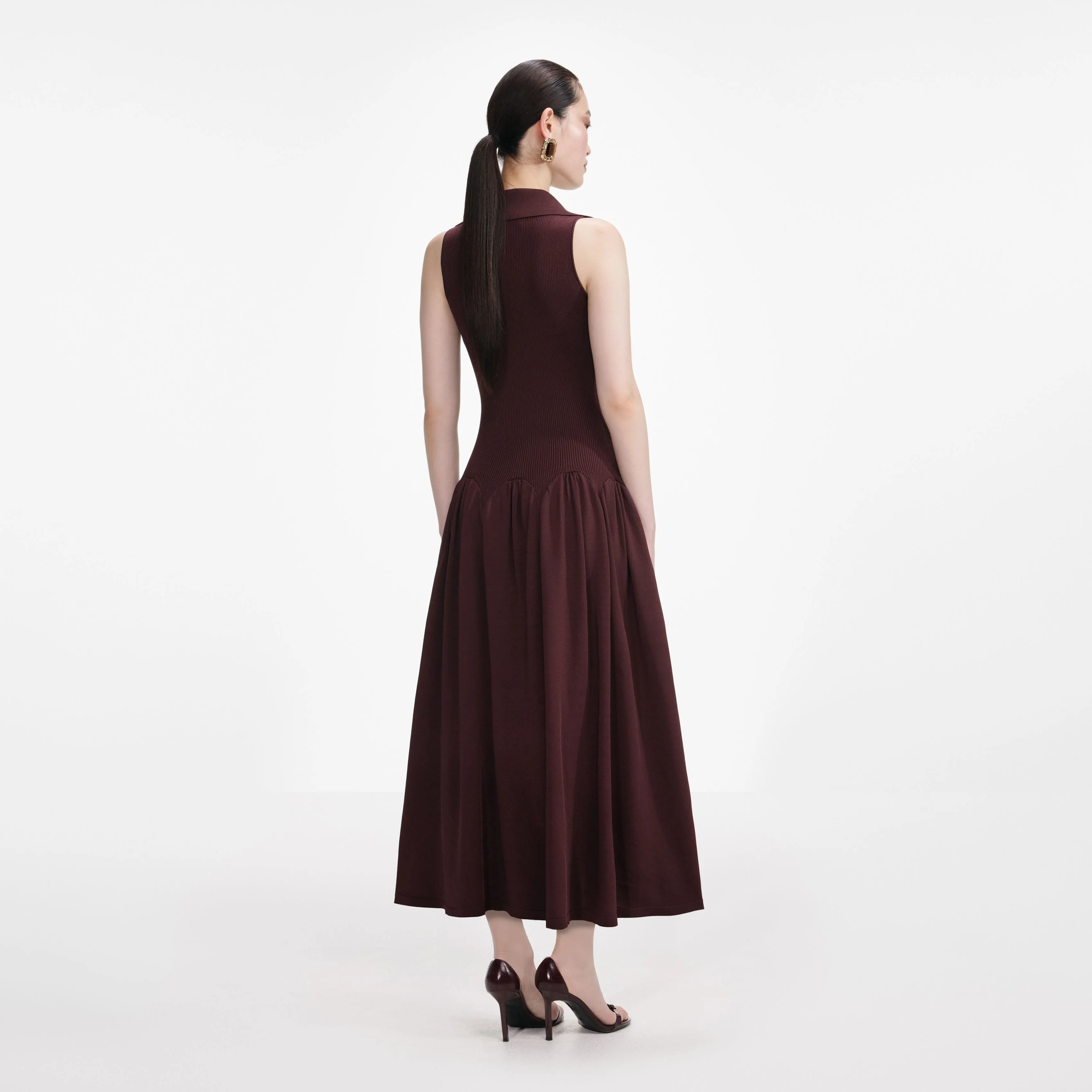 Brown Ribbed Collared Knit Midi Dress sold by Self-Portrait product image thumbnail 3