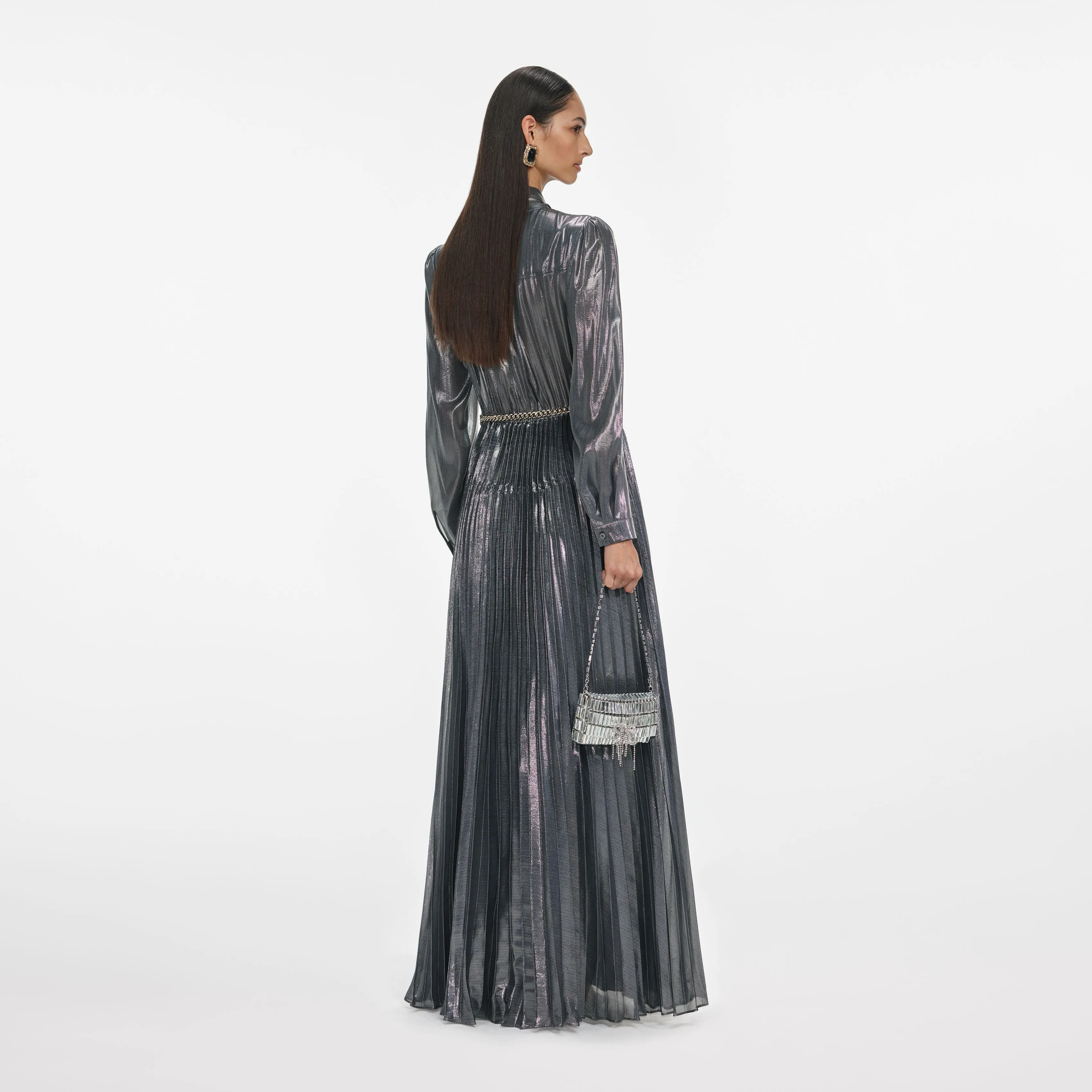 Grey Metallic Tie Neck Maxi Dress sold by Self-Portrait product image thumbnail 3
