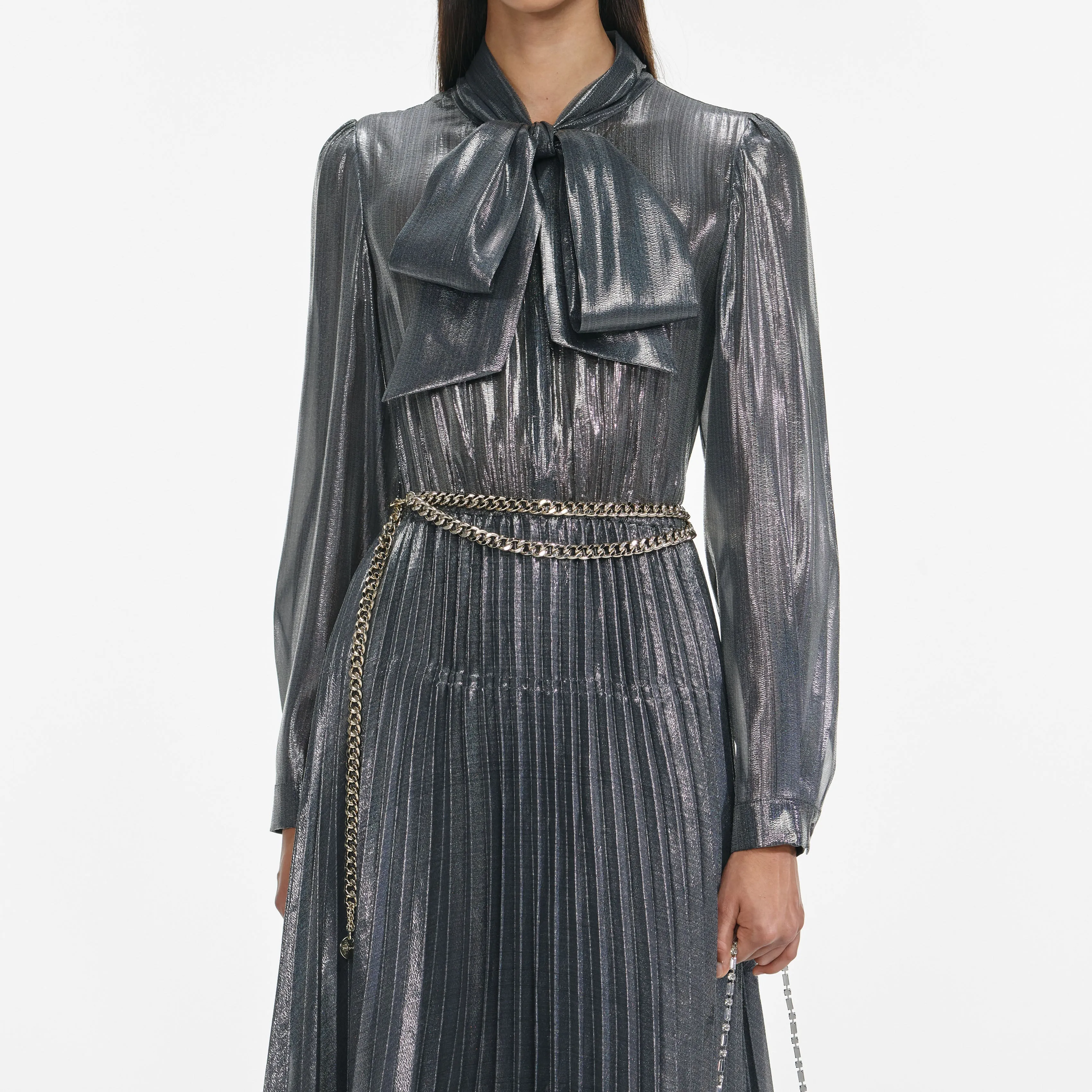 Grey Metallic Tie Neck Maxi Dress sold by Self-Portrait product image thumbnail 4