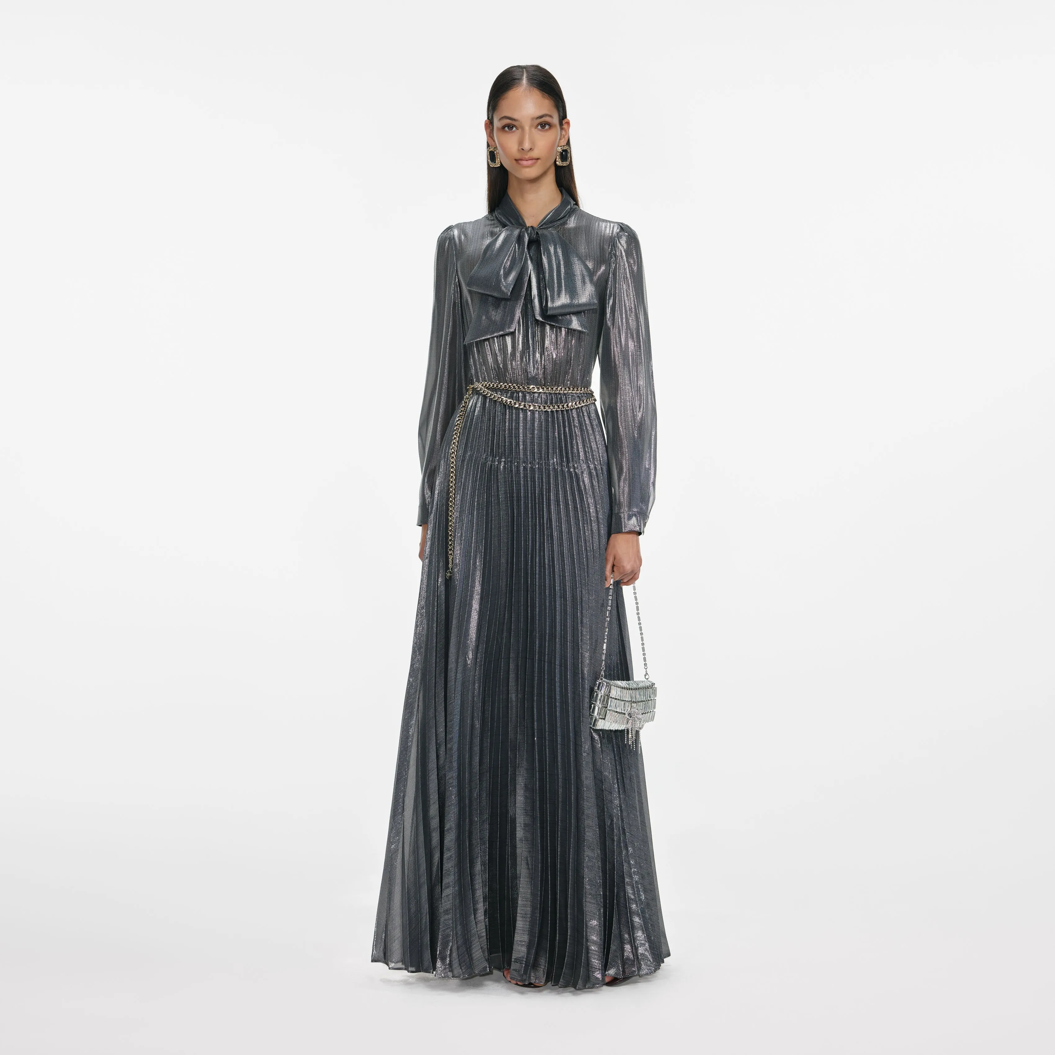 Grey Metallic Tie Neck Maxi Dress sold by Self-Portrait