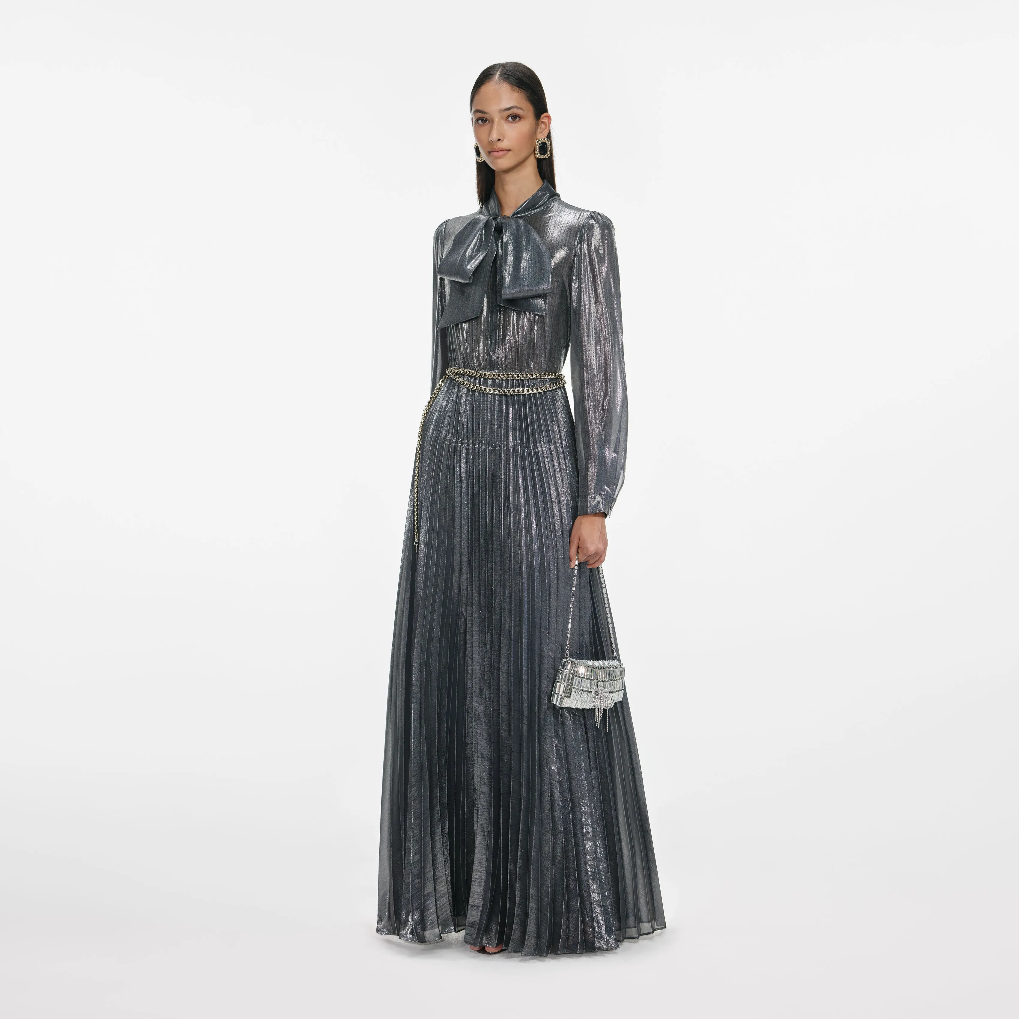 Grey Metallic Tie Neck Maxi Dress sold by Self-Portrait product image thumbnail 2