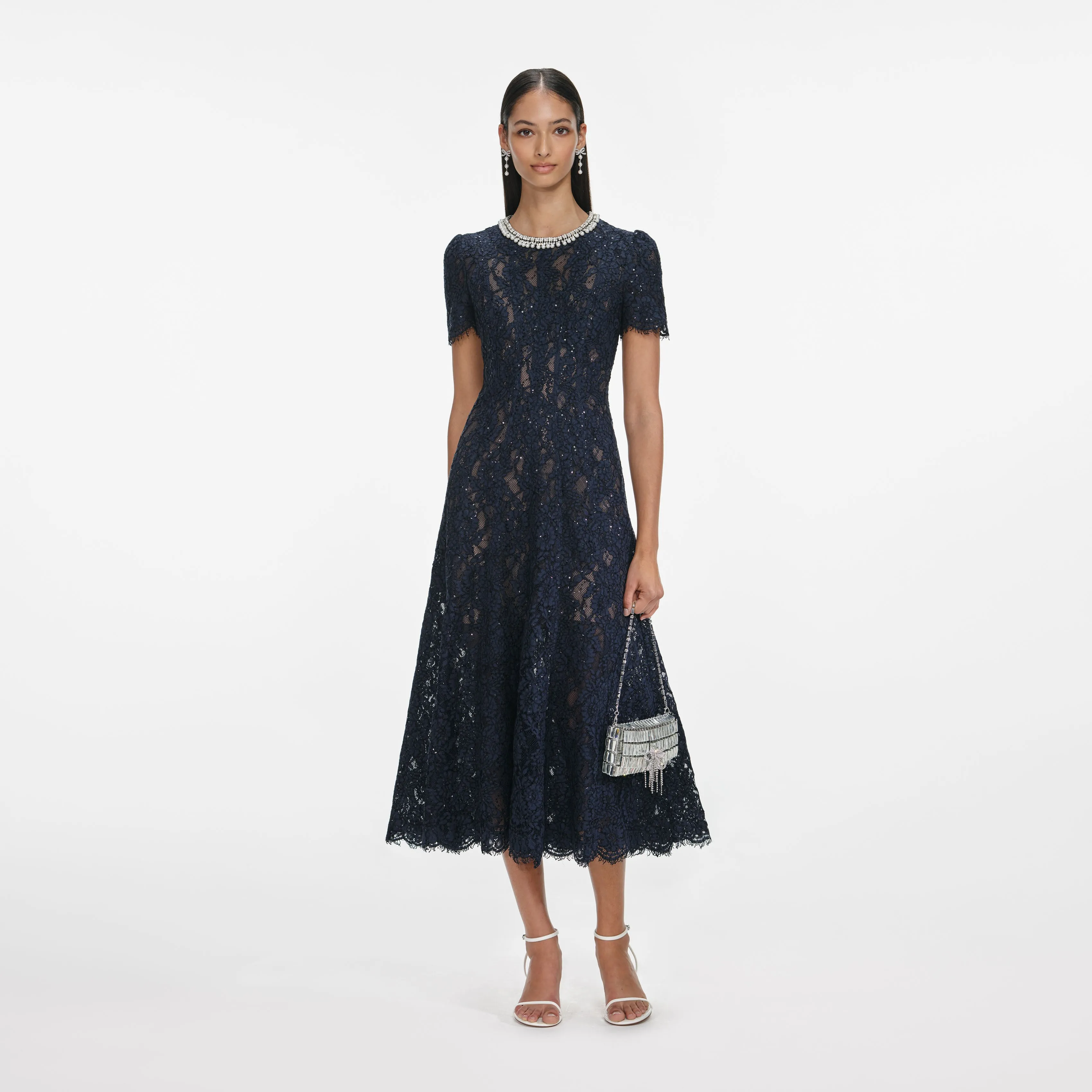 Navy Lace Embellished Midi Dress sold by Self-Portrait