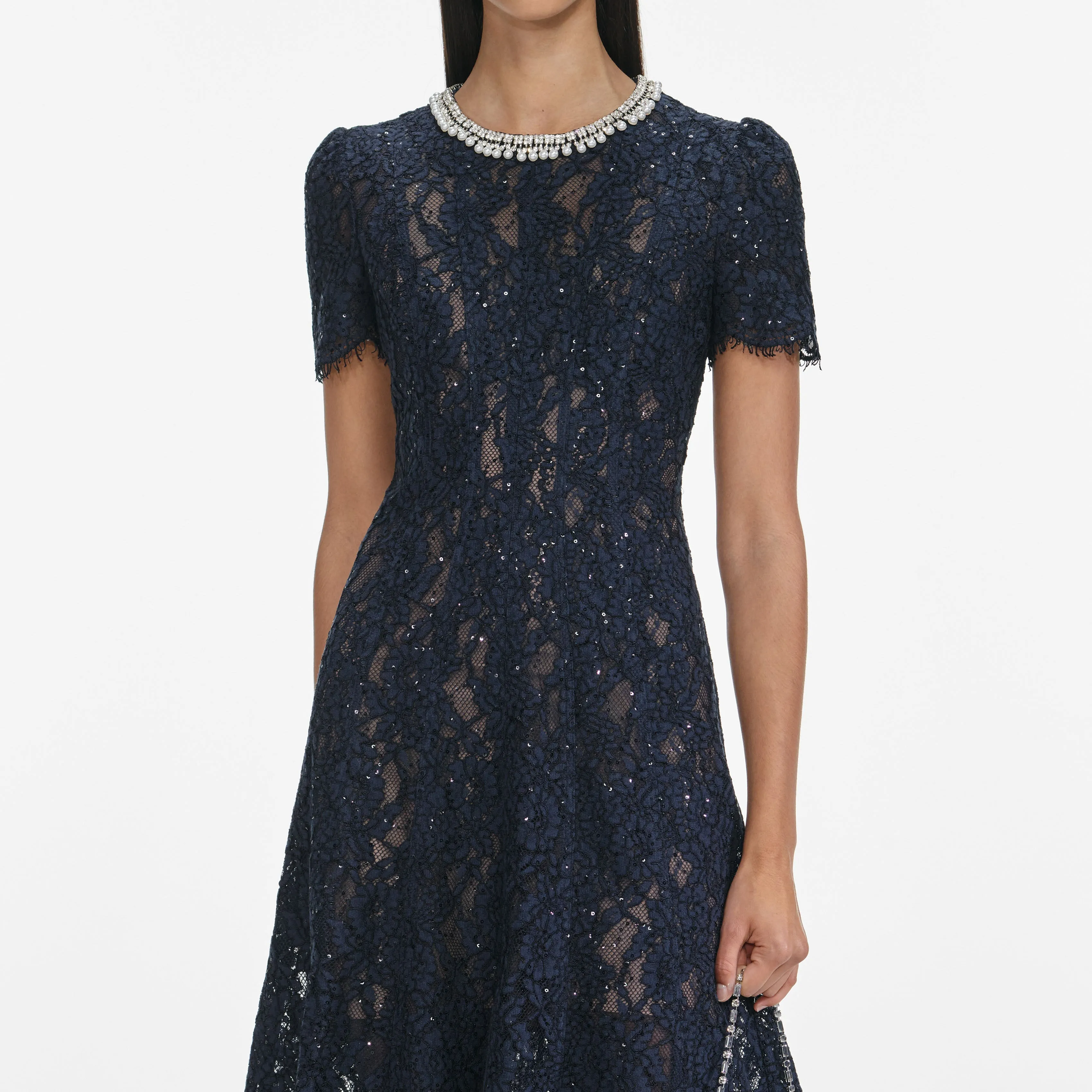 Navy Lace Embellished Midi Dress sold by Self-Portrait product image thumbnail 4