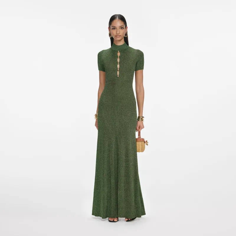 Khaki Lurex Knit Maxi Dress made by Self-Portrait