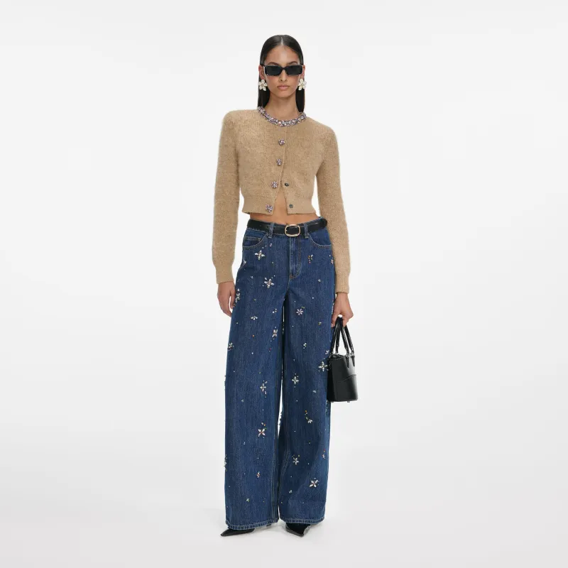 Blue Embellished Wide Leg Jeans made by Self-Portrait