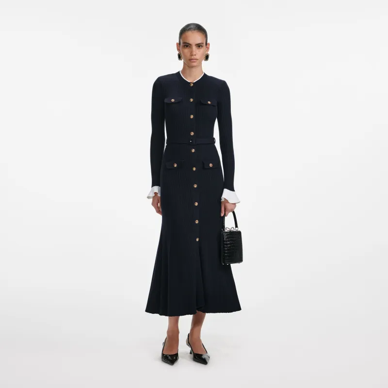 Navy Viscose Knit Midi Dress made by Self-Portrait