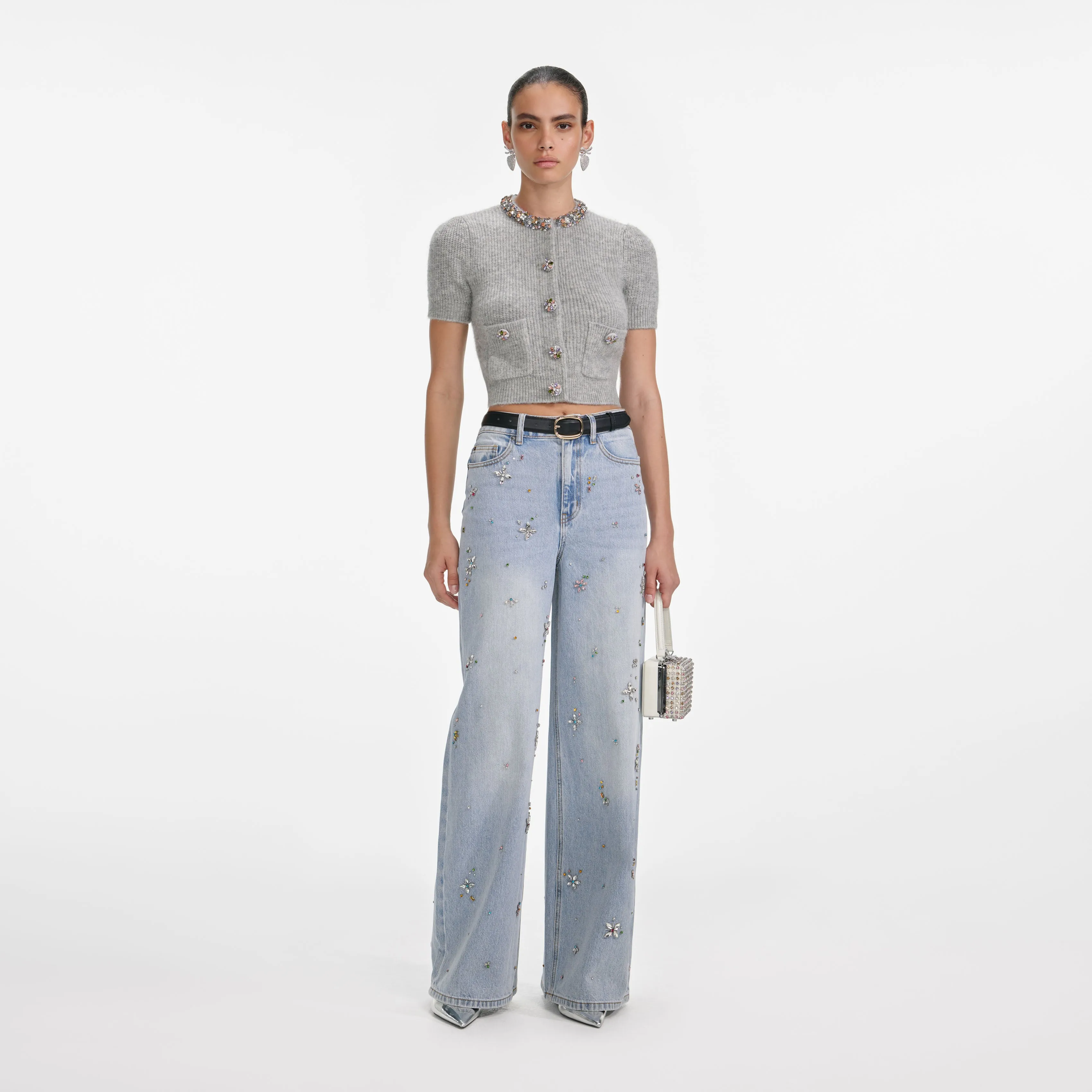 Grey Embellished Trim Knit Top sold by Self-Portrait