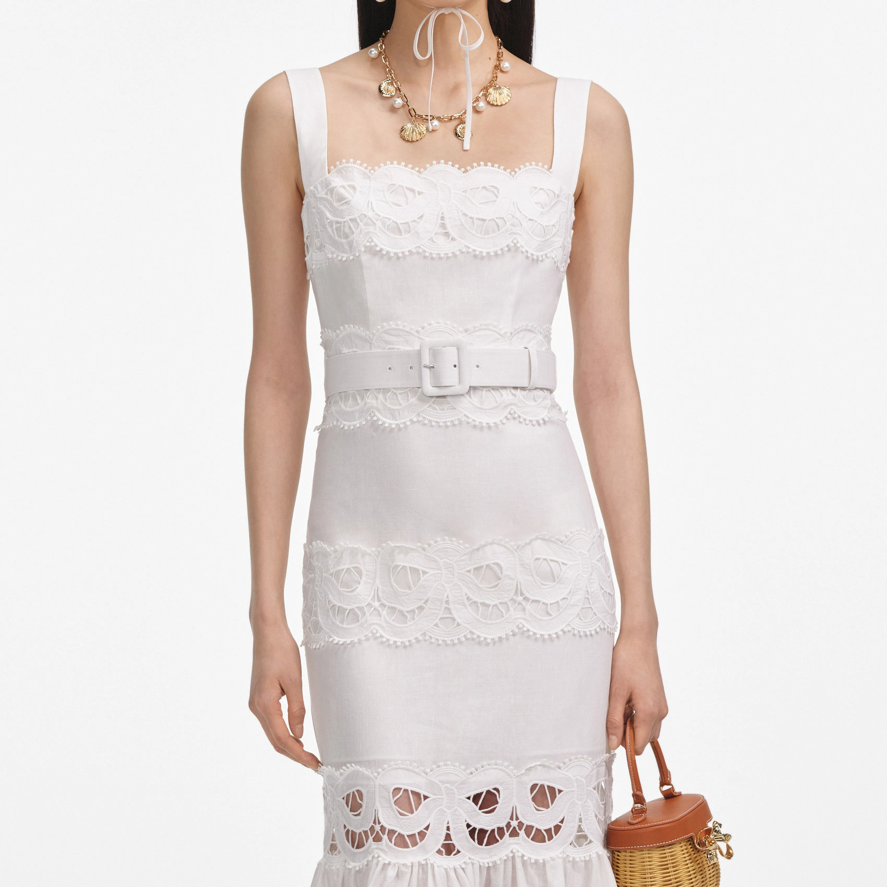 White Linen Lace Insert Midi Dress sold by Self-Portrait product image thumbnail 4