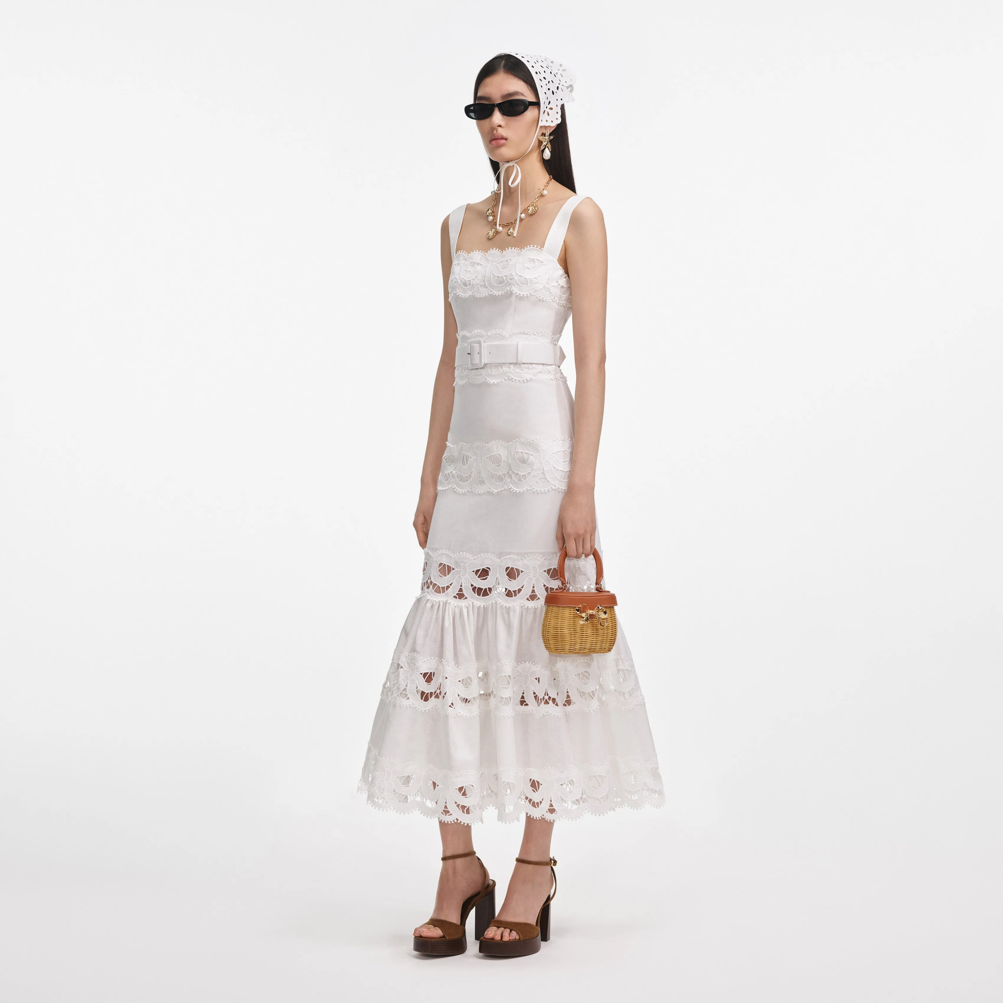White Linen Lace Insert Midi Dress sold by Self-Portrait product image thumbnail 2
