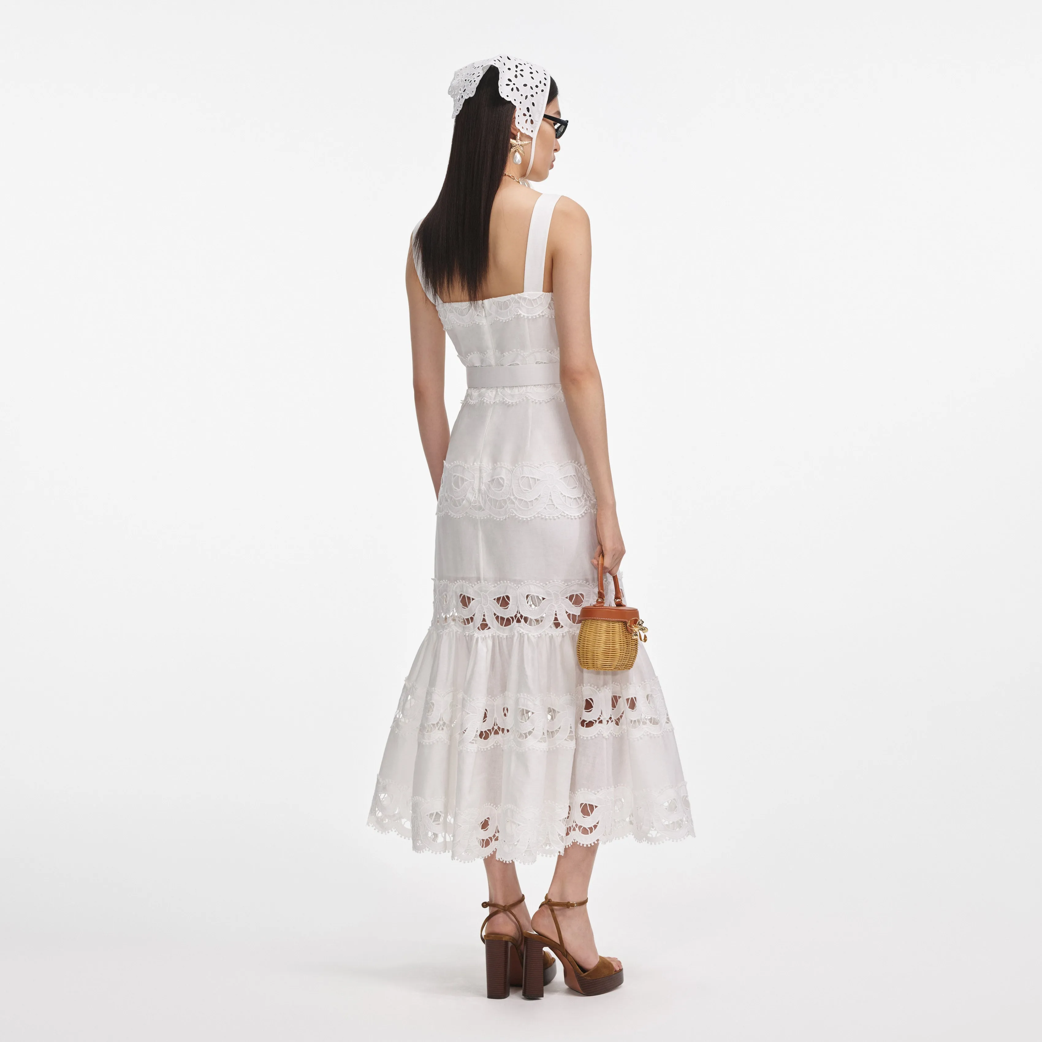 White Linen Lace Insert Midi Dress sold by Self-Portrait product image thumbnail 3