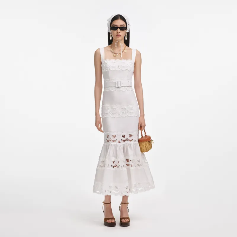 White Linen Lace Insert Midi Dress made by Self-Portrait
