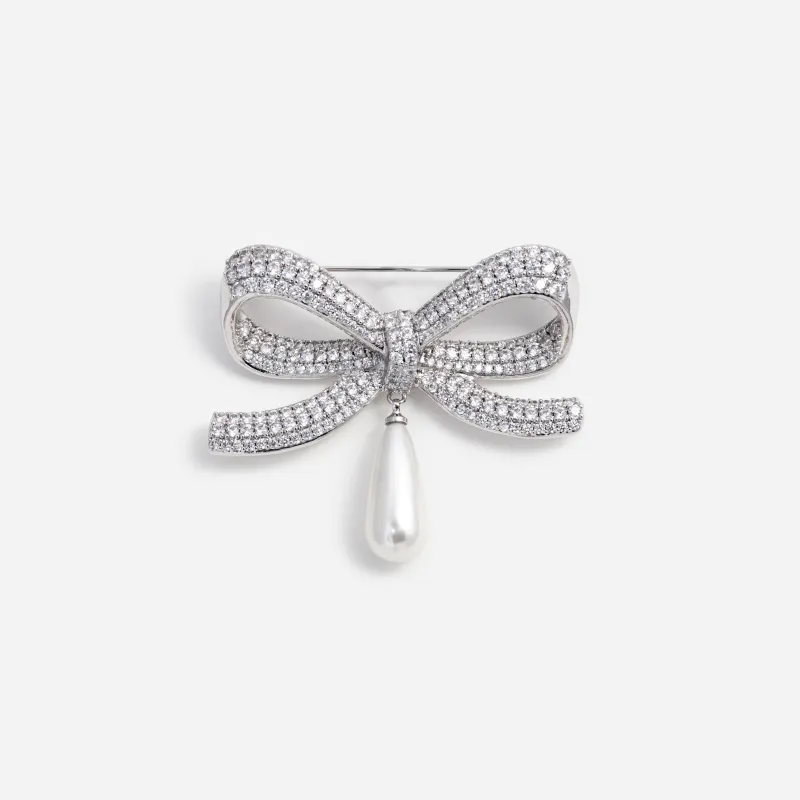 Crystal Bow Pearl Droplet Brooch made by Self-Portrait