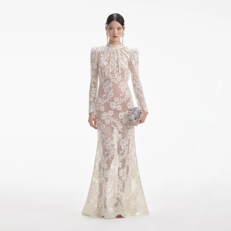 White Rhinestone Lace Maxi Dress made by Self-Portrait