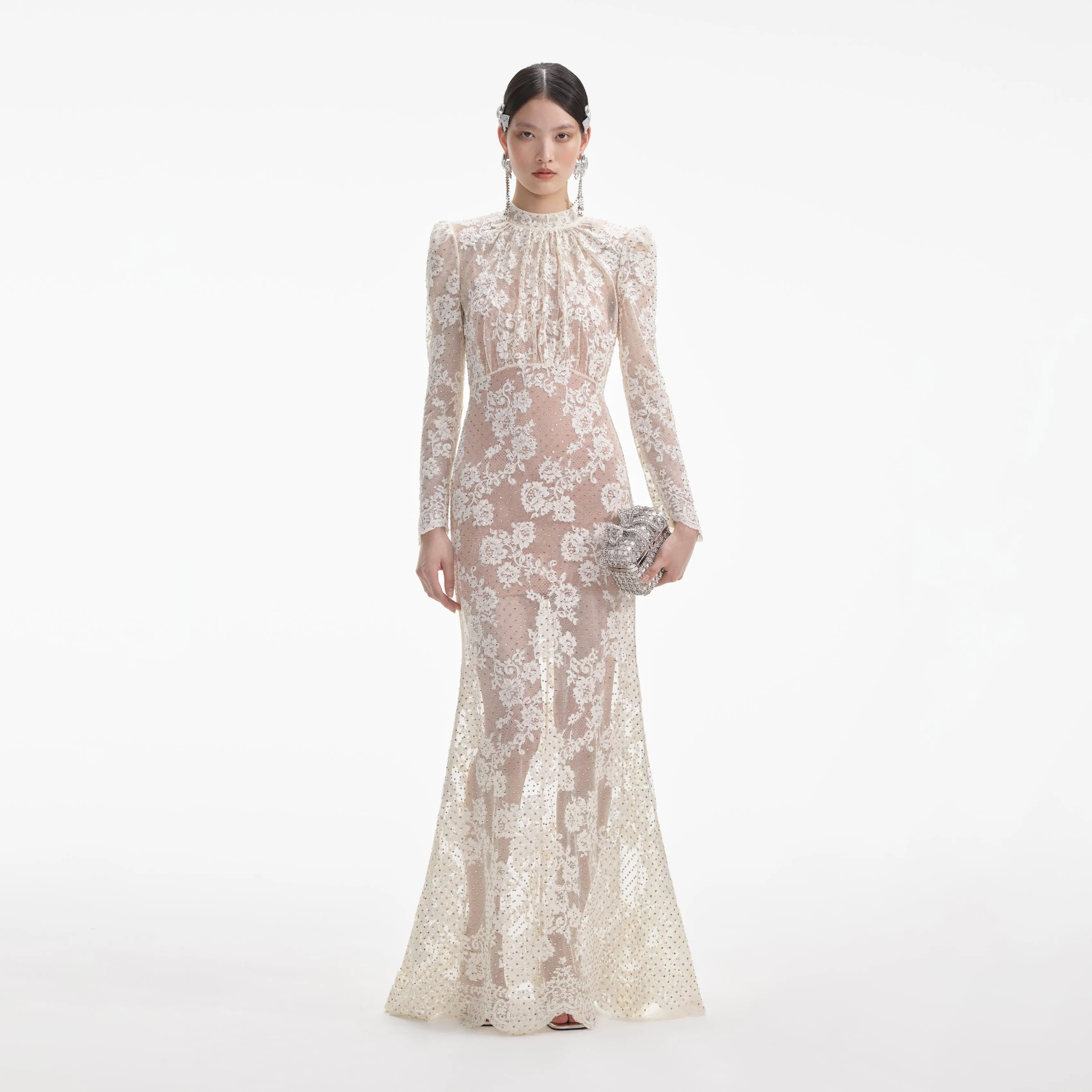 White Rhinestone Lace Maxi Dress sold by Self-Portrait
